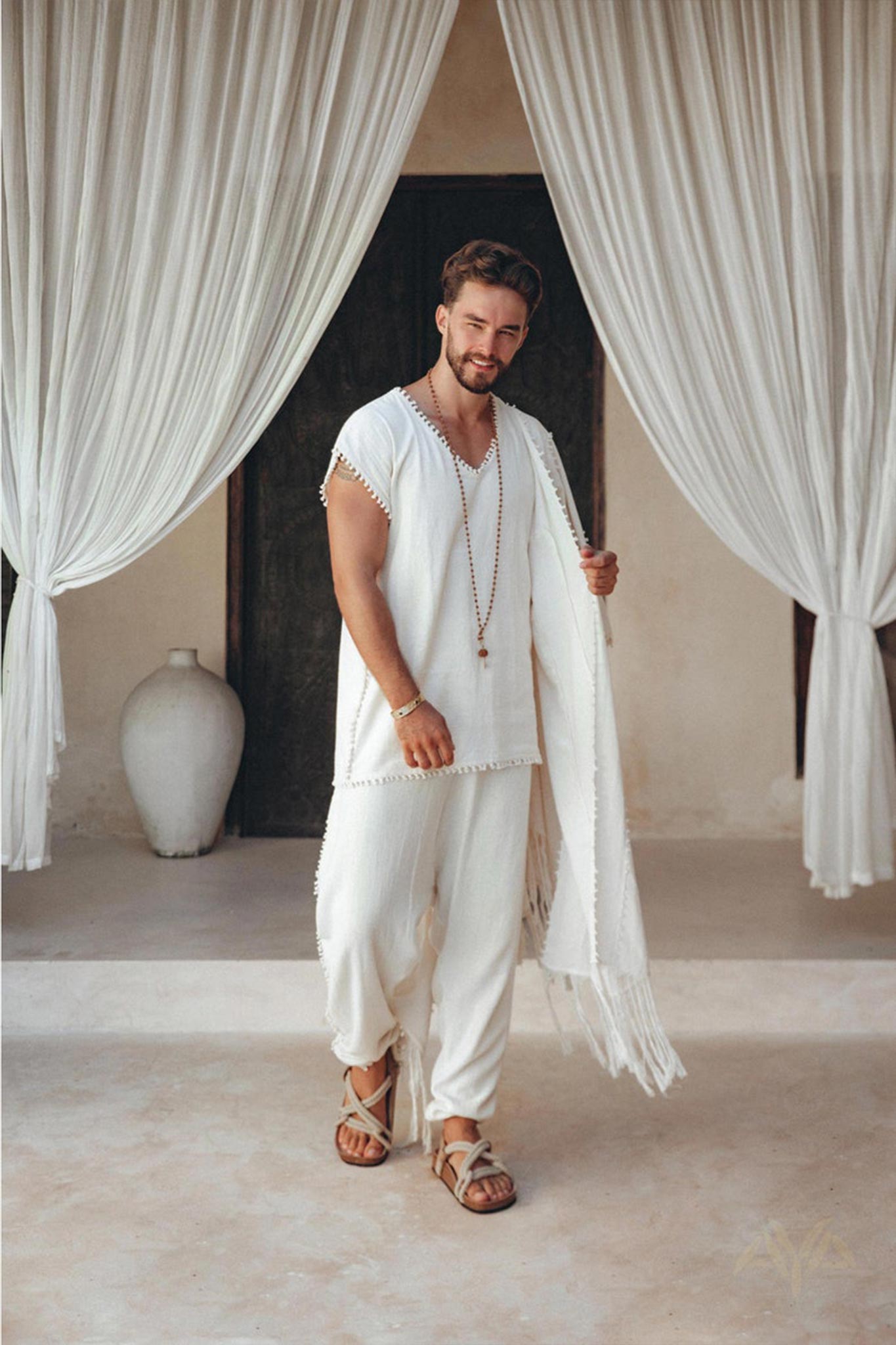 Off - White Handmade Knots Decorated T-Shirt for Men - AYA Sacred Wear