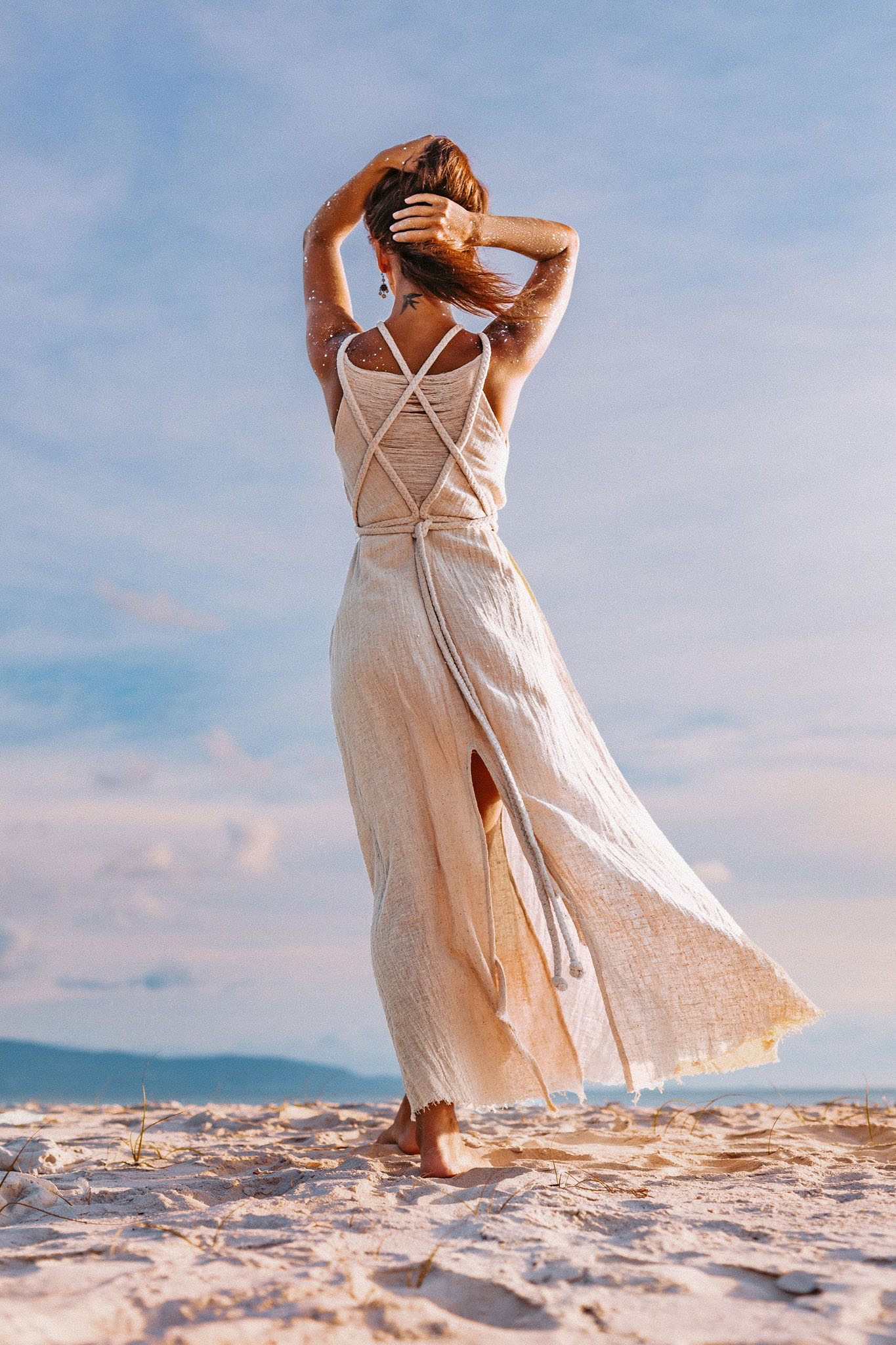 Off - White Handwoven Wrap Maxi Dress with Hand Loomed Back - AYA Sacred Wear
