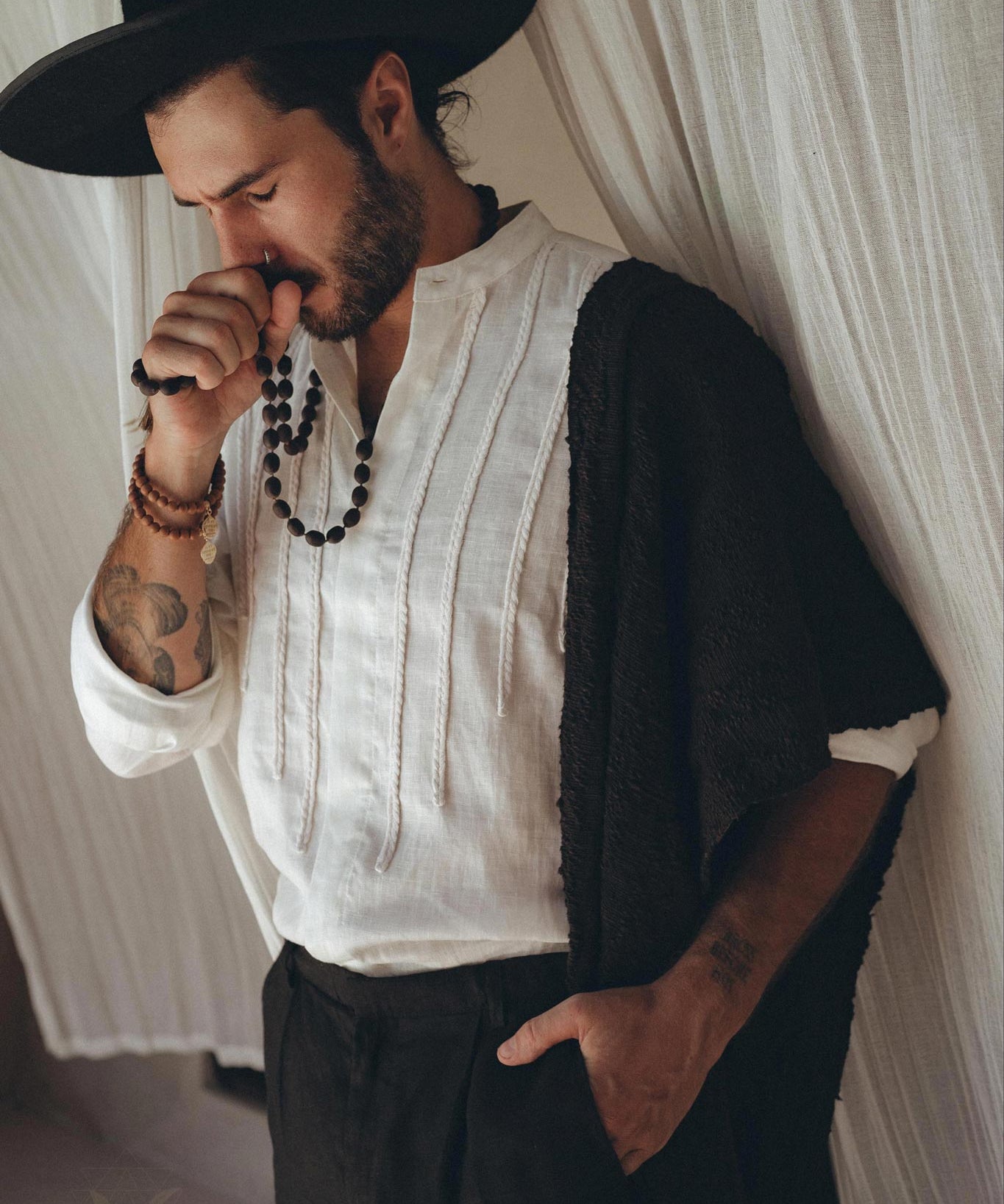 Off - White Linen Shirt for Men with Handmade Braids - AYA Sacred Wear