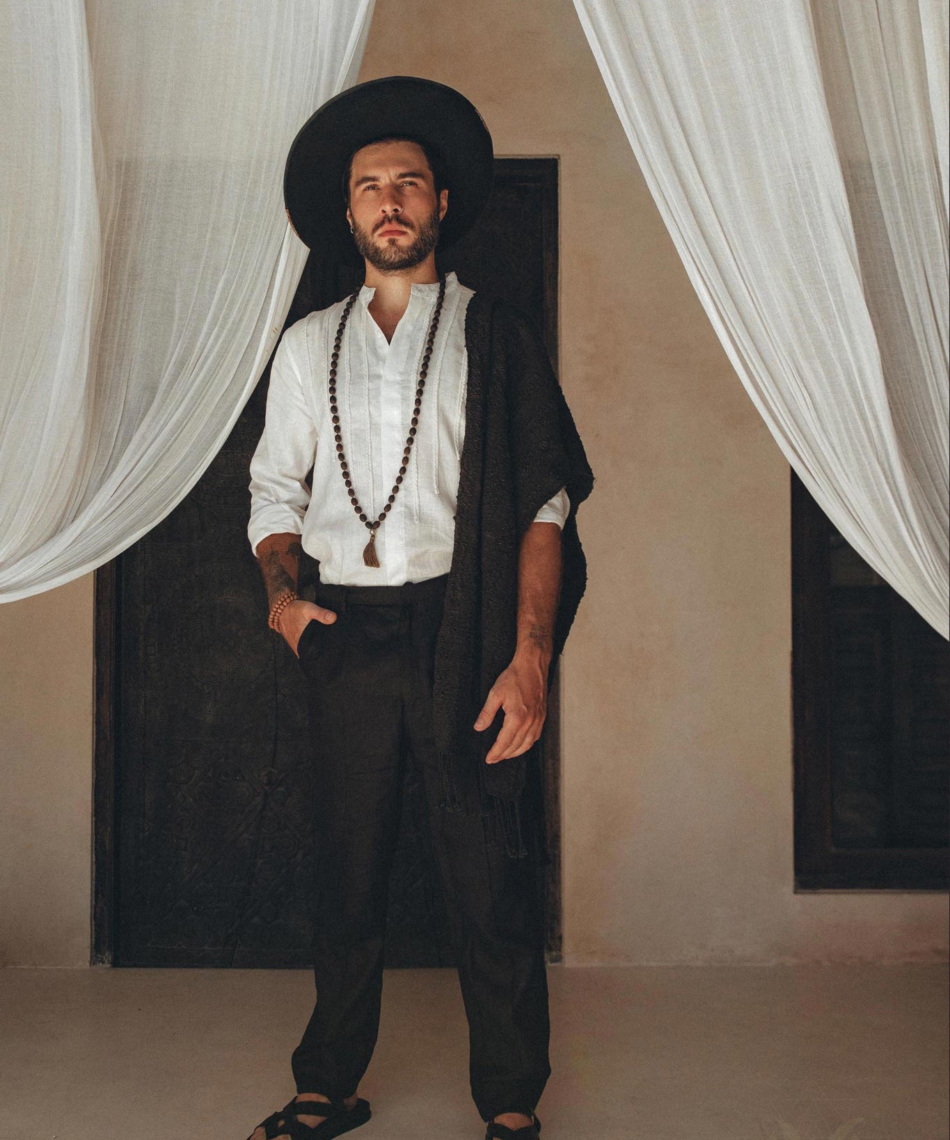 Off - White Linen Shirt for Men with Handmade Braids - AYA Sacred Wear