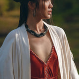 Off - White Organic Cotton Cardigan • Hand Embroidered Boho Overcoat Robe - AYA Sacred Wear