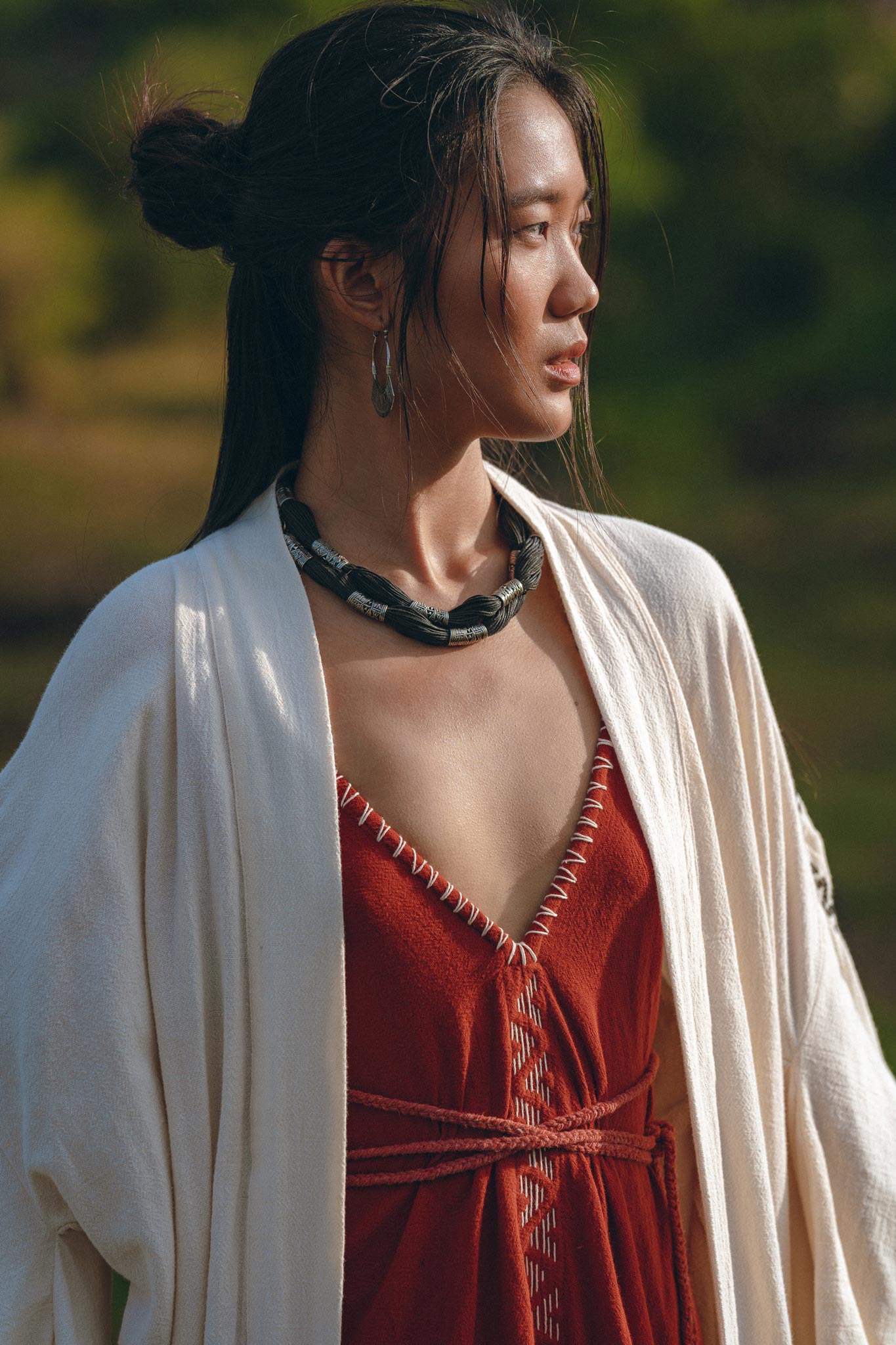 Off - White Organic Cotton Cardigan • Hand Embroidered Boho Overcoat Robe - AYA Sacred Wear
