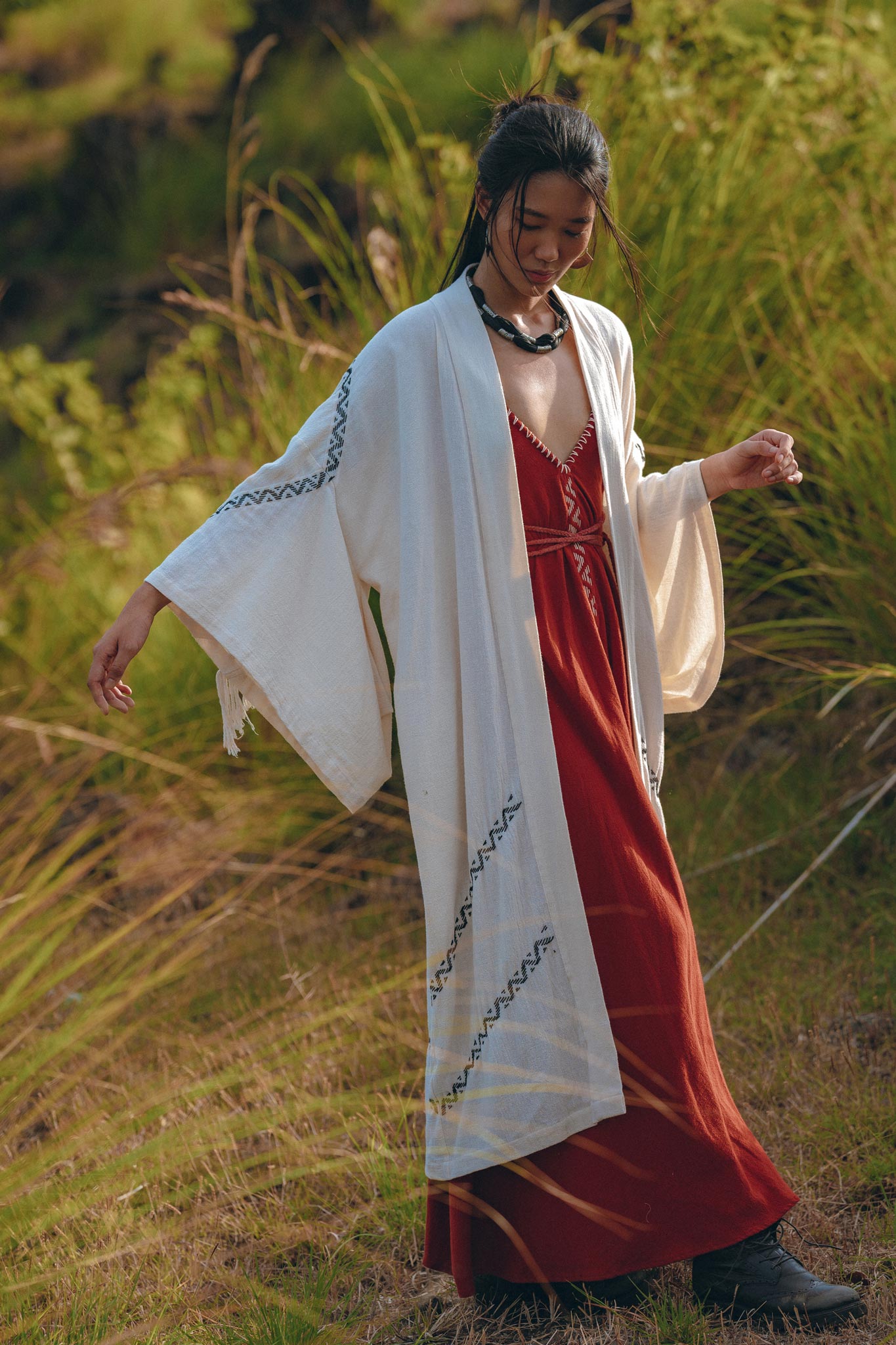 Off - White Organic Cotton Cardigan • Hand Embroidered Boho Overcoat Robe - AYA Sacred Wear