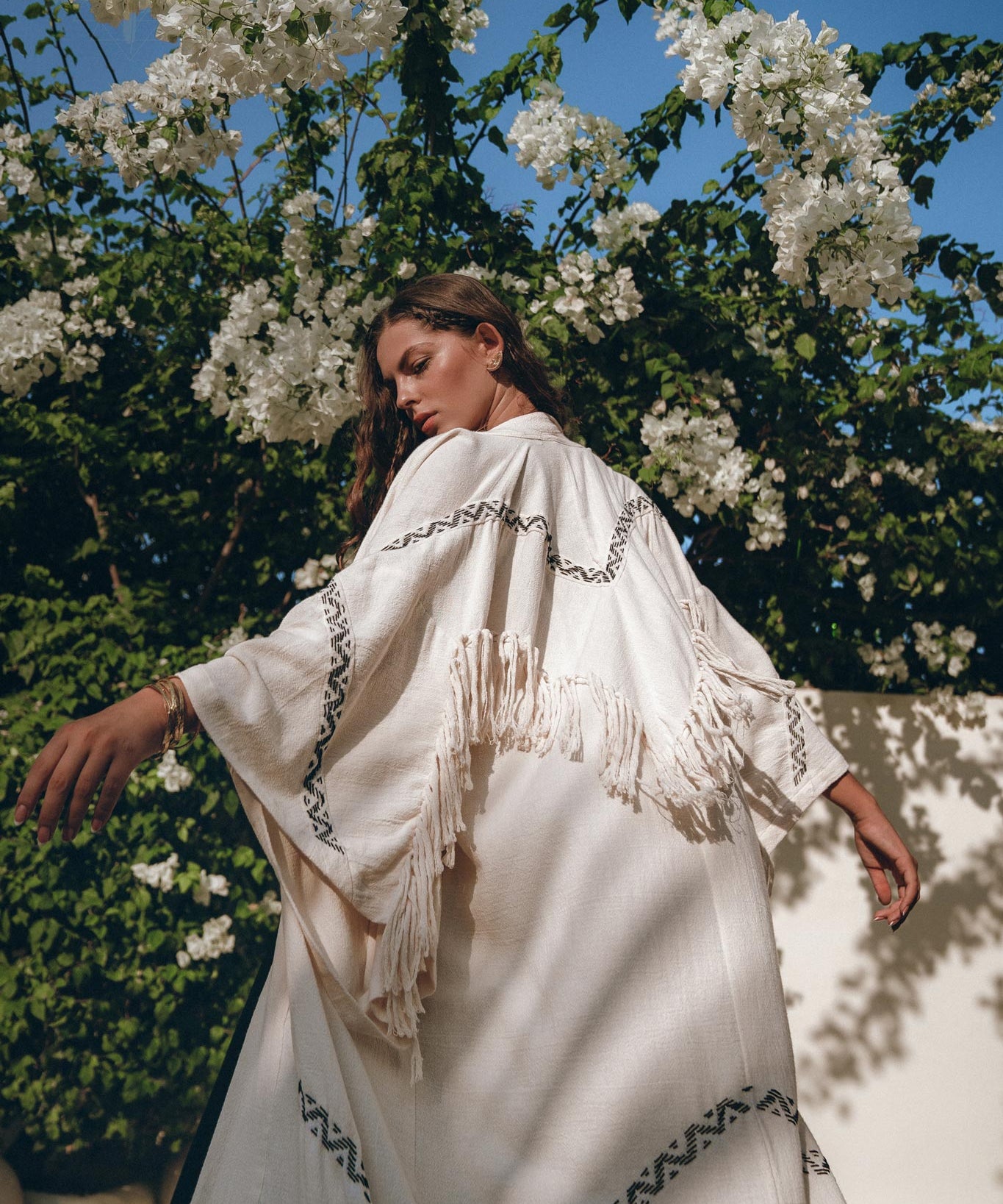 Off - White Organic Cotton Cardigan • Hand Embroidered Boho Overcoat Robe - AYA Sacred Wear