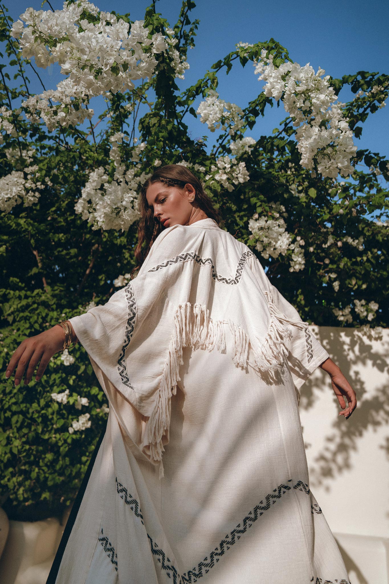Off - White Organic Cotton Cardigan • Hand Embroidered Boho Overcoat Robe - AYA Sacred Wear