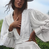 Off - White Puff Sleeves Top • Hand Embroidered top • Organic Boho Top Women - AYA Sacred Wear