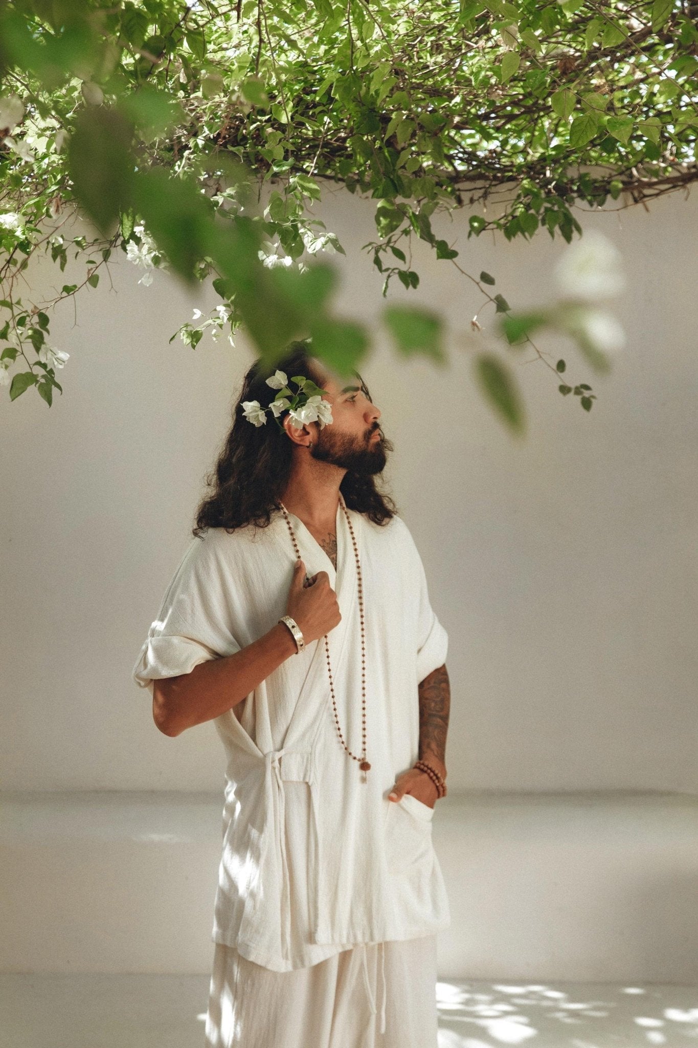 Off-White Tribal Kimono Robe for Men - AYA Sacred Wear