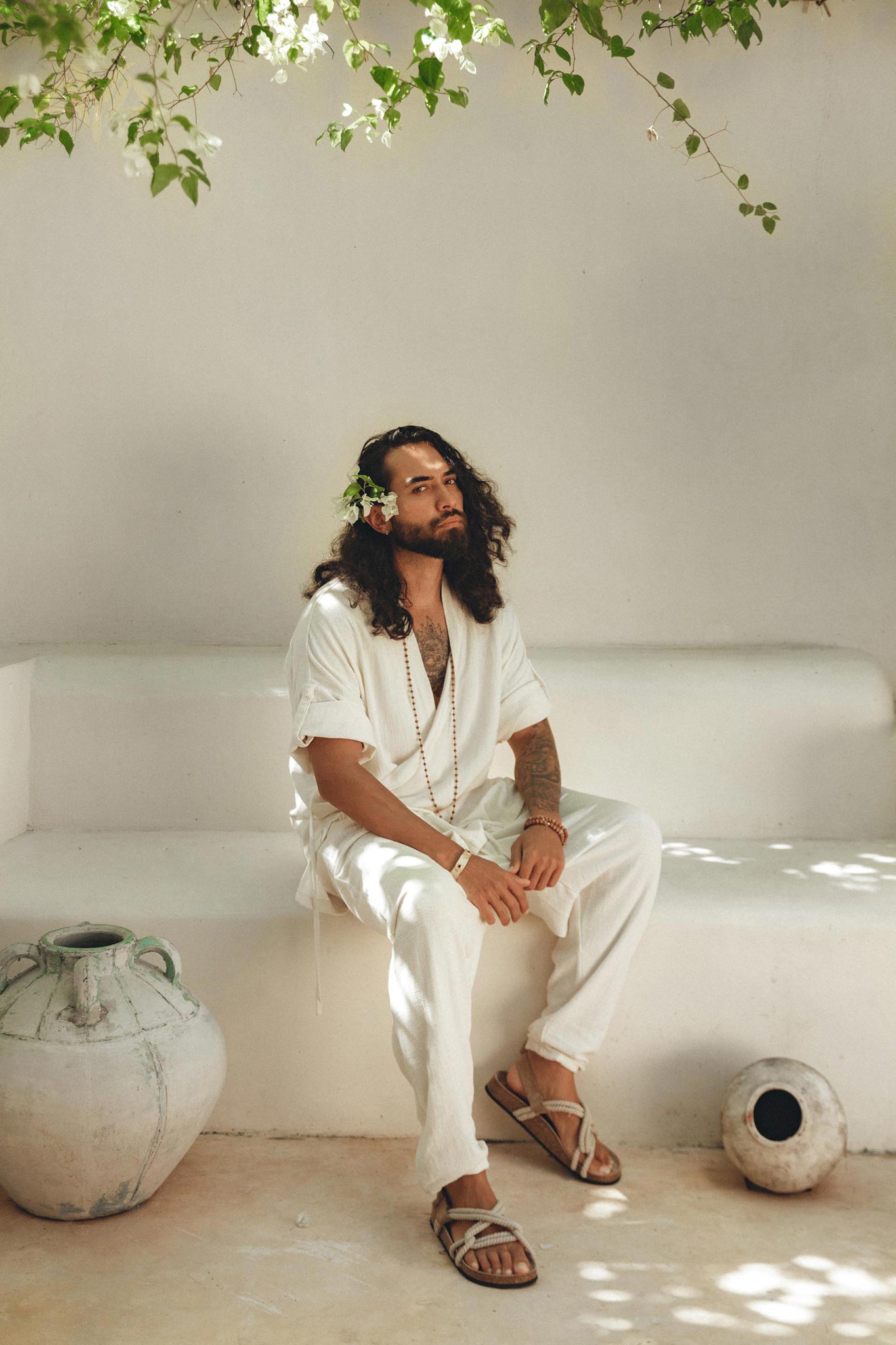 Off - White Tribal Kimono Robe for Men - AYA Sacred Wear