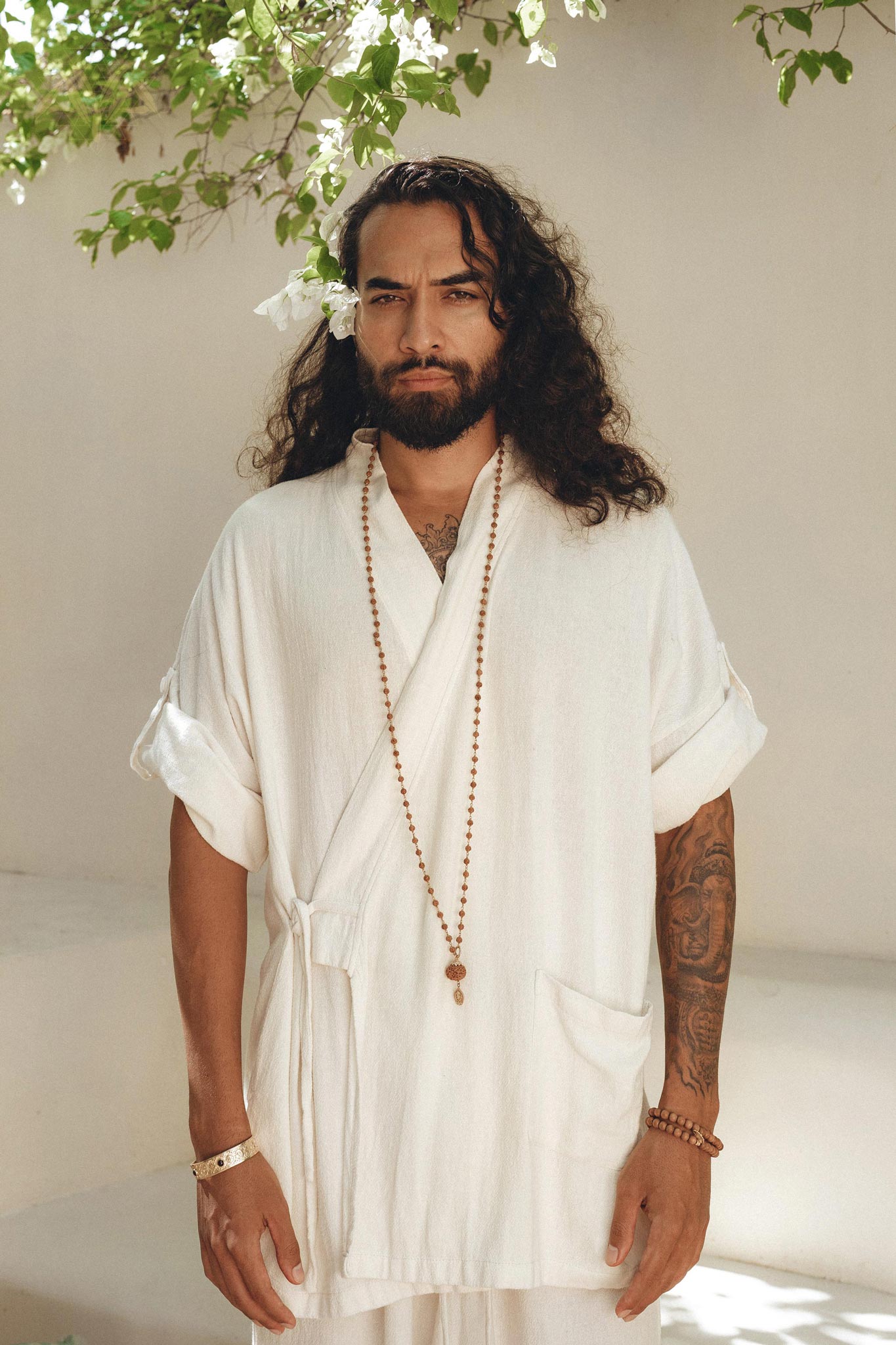 Off - White Tribal Kimono Robe for Men - AYA Sacred Wear