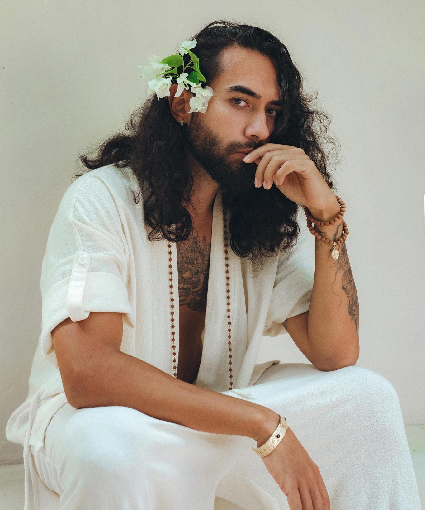 Off - White Tribal Kimono Robe for Men - AYA Sacred Wear