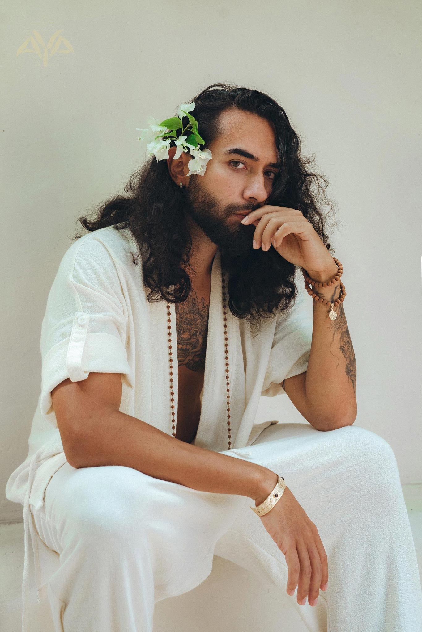 Off - White Tribal Kimono Robe for Men - AYA Sacred Wear