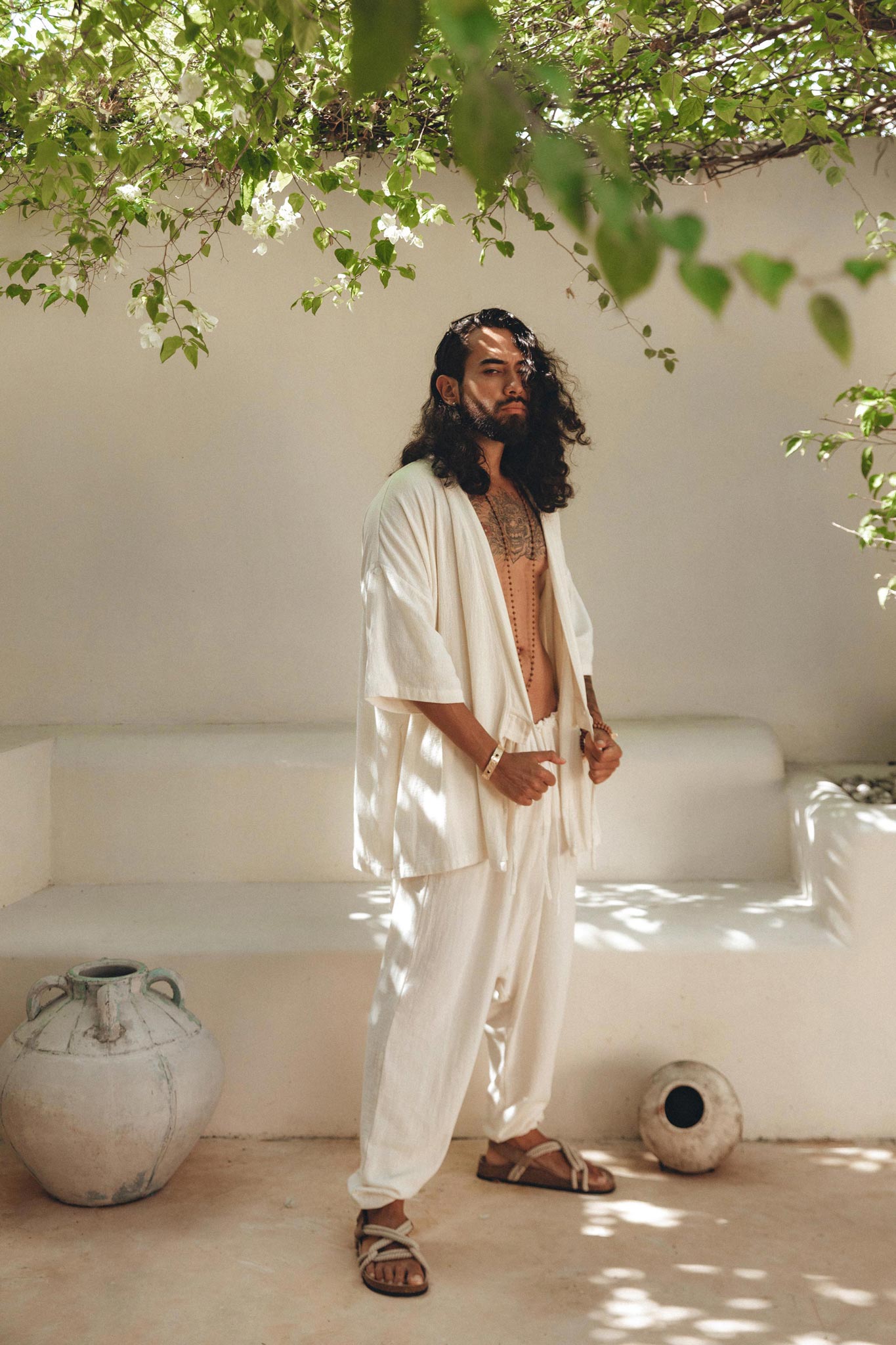 Off - White Tribal Kimono Robe for Men - AYA Sacred Wear