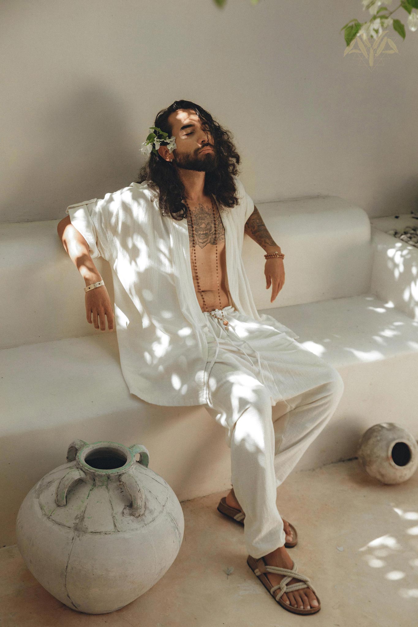 Off - White Tribal Kimono Robe for Men - AYA Sacred Wear