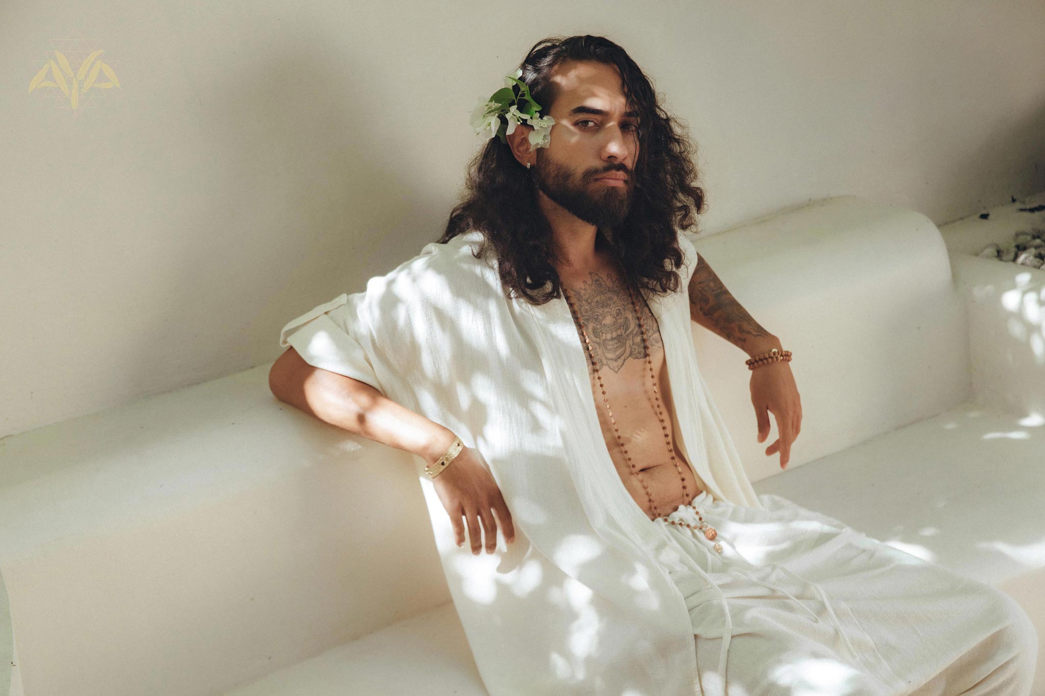 Off - White Tribal Kimono Robe for Men - AYA Sacred Wear