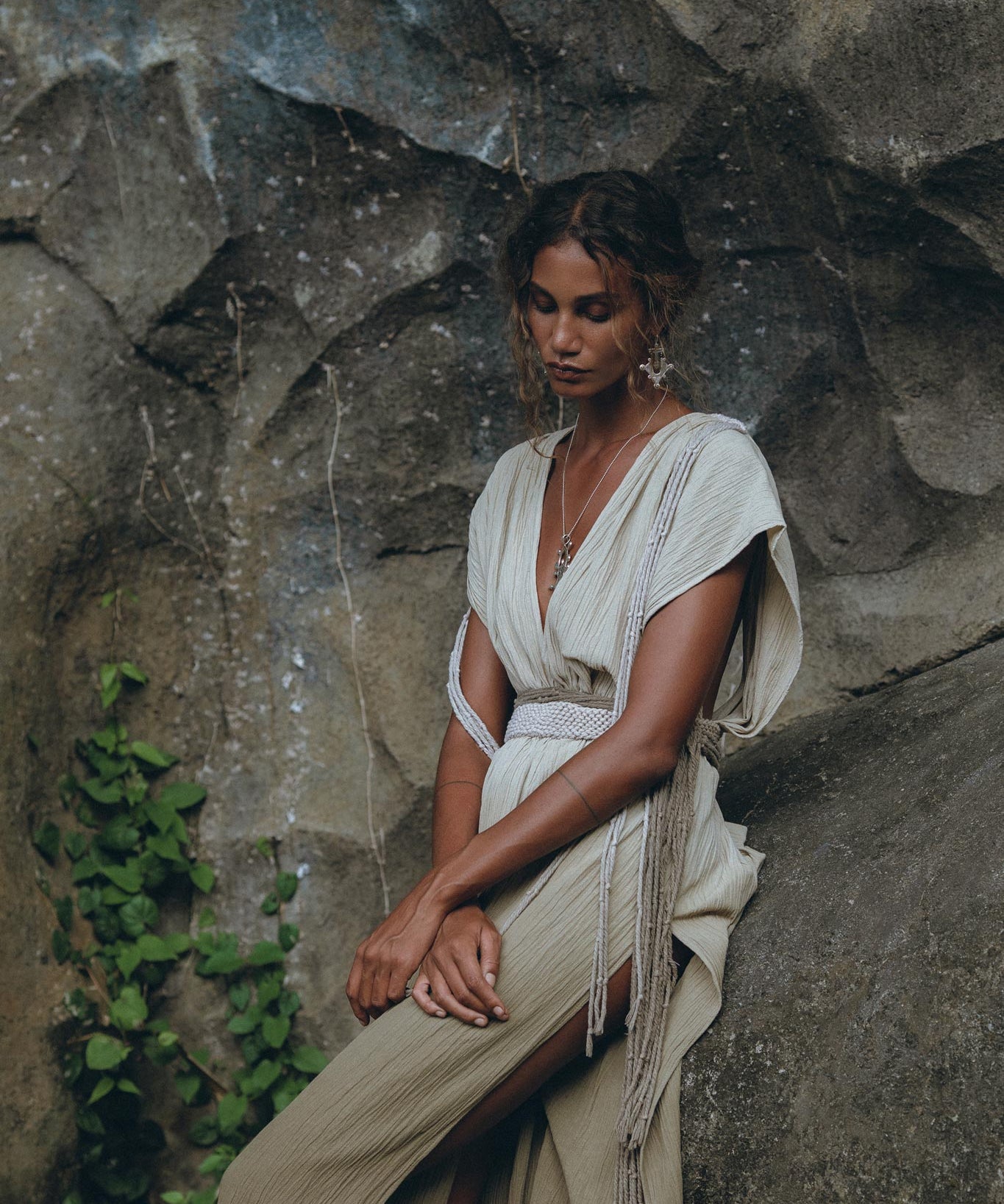 Off - White with Green Boho Dress • Bohemian Organically Dyed Dress - AYA Sacred Wear