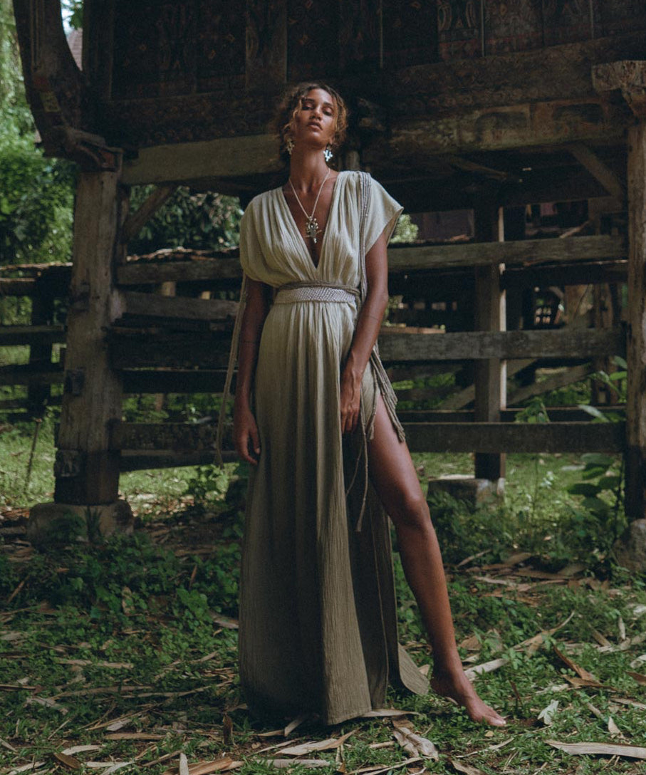 Off - White with Green Boho Dress • Bohemian Organically Dyed Dress - AYA Sacred Wear