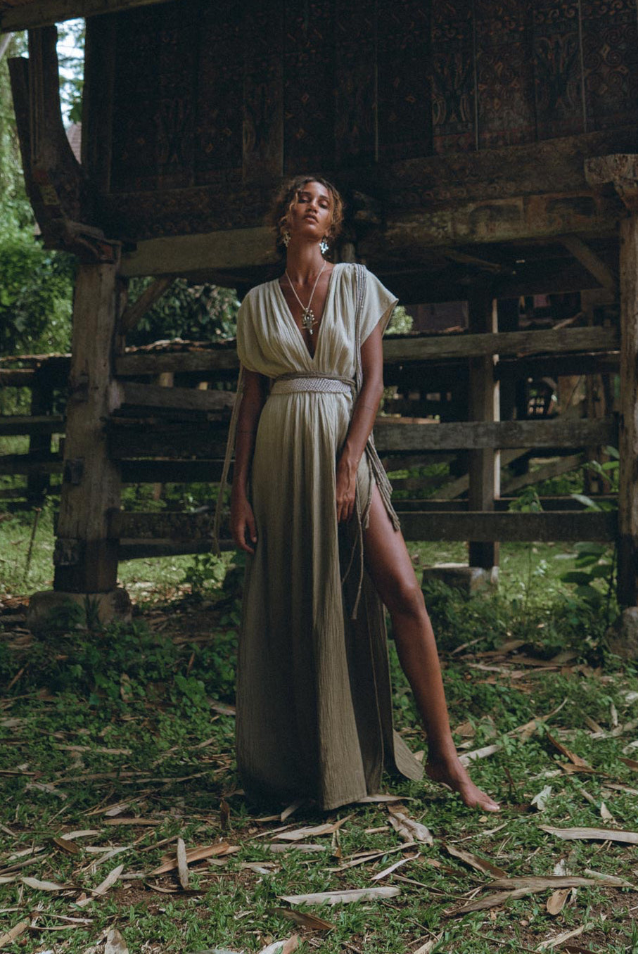 Off - White with Green Boho Dress • Bohemian Organically Dyed Dress - AYA Sacred Wear