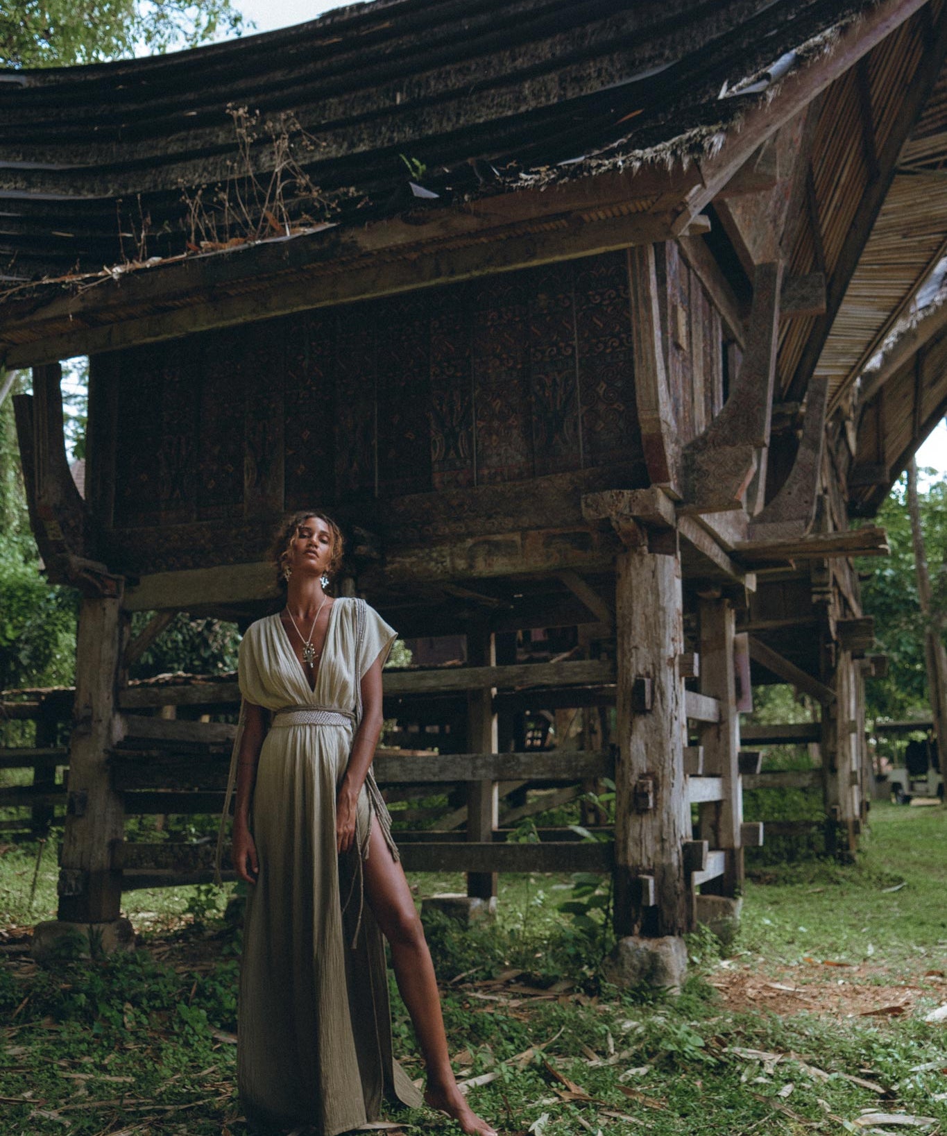 Off - White with Green Boho Dress • Bohemian Organically Dyed Dress - AYA Sacred Wear