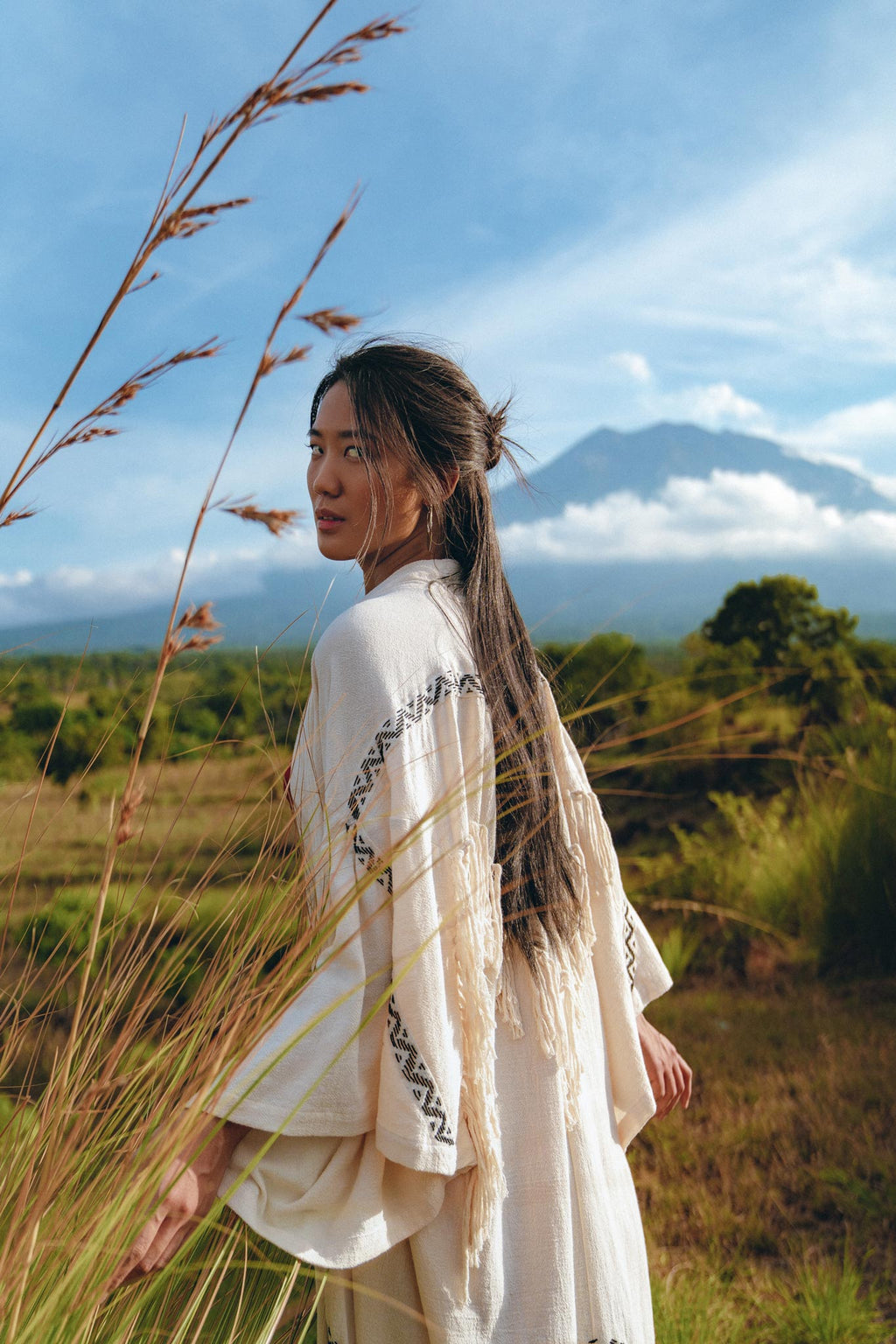 Off-White Organic Cotton Cardigan, Hand Embroidered Boho Overcoat Robe - AYA Sacred Wear