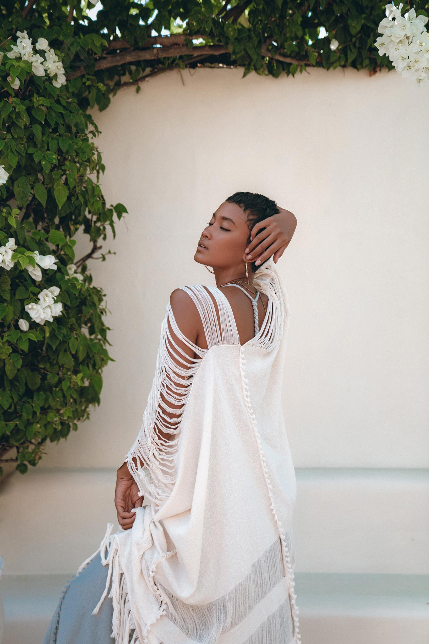 Off-White Cotton Poncho Cape, Organic Tribal Kimono Cover Up - AYA Sacred Wear