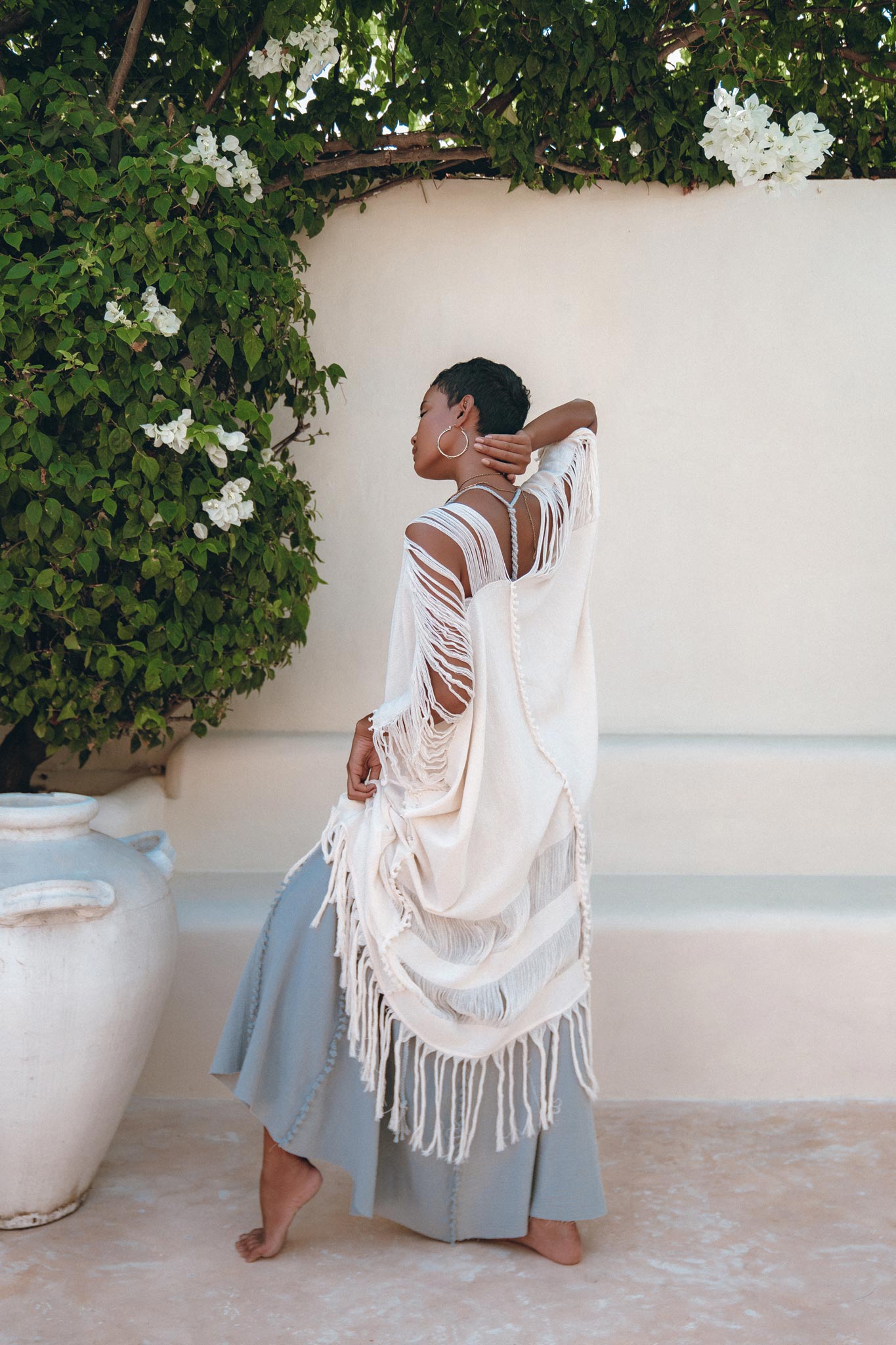 Off-White Cotton Poncho Cape, Organic Tribal Kimono Cover Up - AYA Sacred Wear