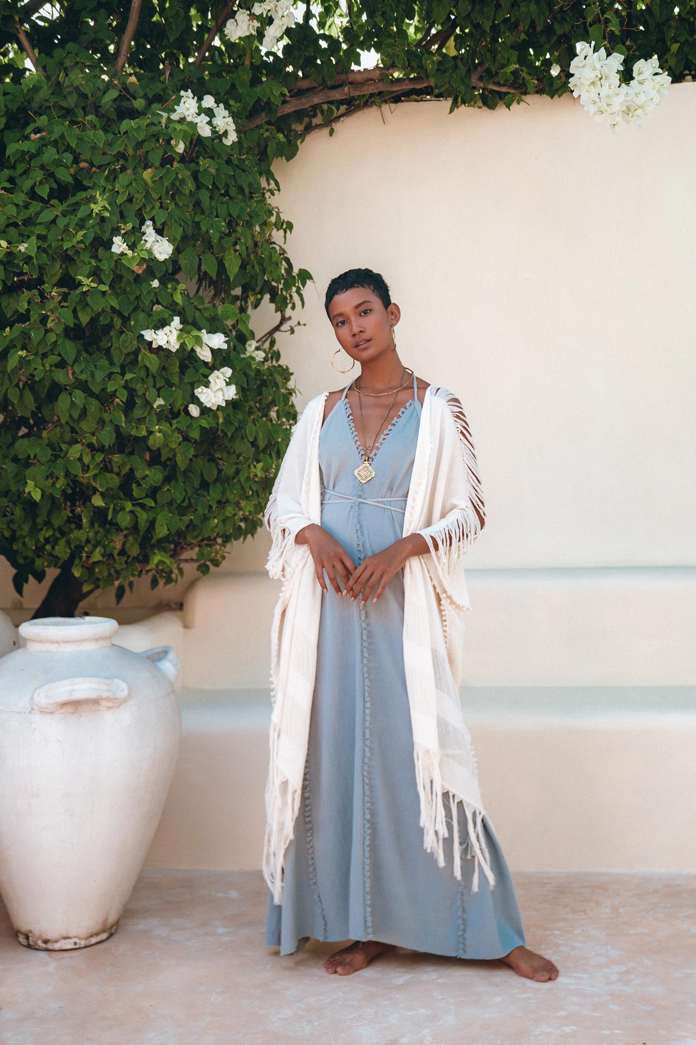 Off-White Cotton Poncho Cape, Organic Tribal Kimono Cover Up - AYA Sacred Wear