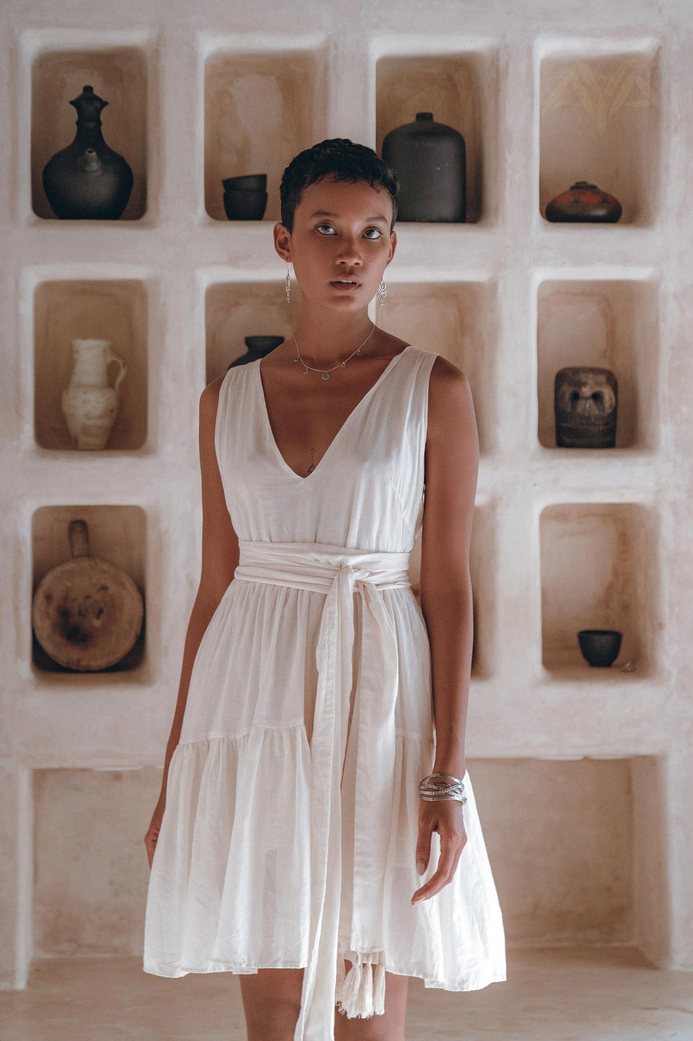 Boho Mini Bridesmaid Dress, A Line Dress, White Mini Adjustable Dress - AYA Sacred Wear