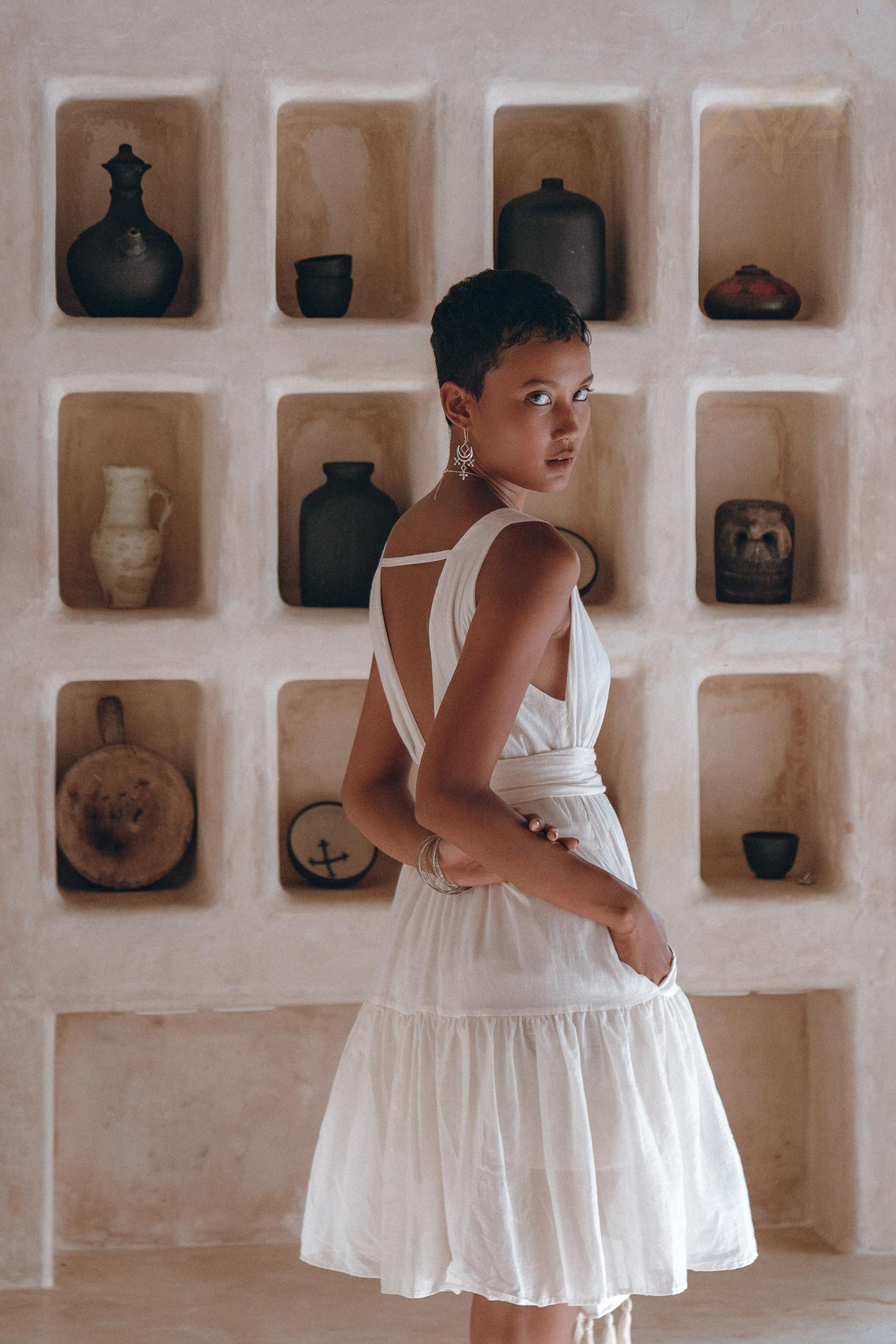 Boho Mini Bridesmaid Dress, A Line Dress, White Mini Adjustable Dress - AYA Sacred Wear