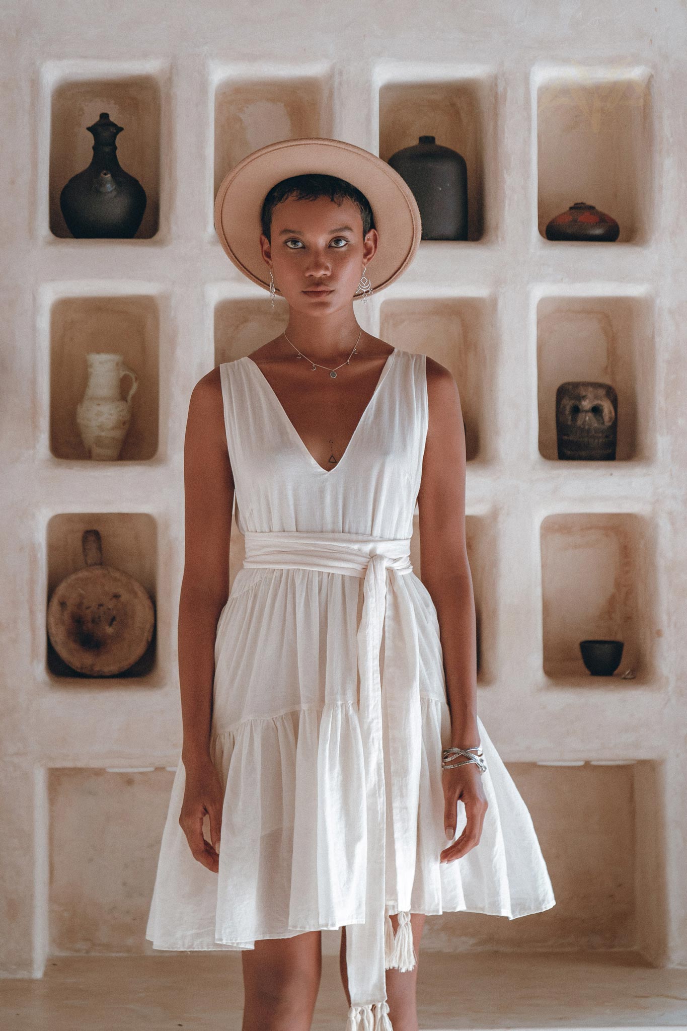 Boho Mini Bridesmaid Dress, A Line Dress, White Mini Adjustable Dress - AYA Sacred Wear