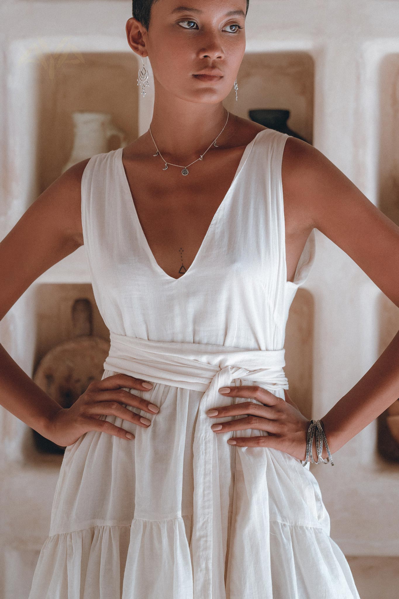 Boho Mini Bridesmaid Dress, A Line Dress, White Mini Adjustable Dress - AYA Sacred Wear