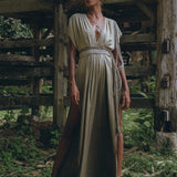 Off-White with Green Boho Dress, Bohemian Organically Dyed Dress - AYA Sacred Wear