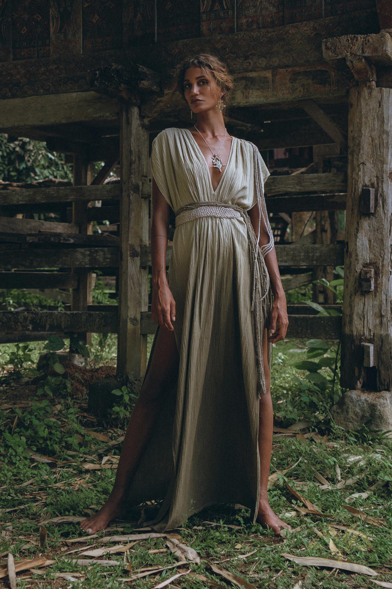 Off-White with Green Boho Dress, Bohemian Organically Dyed Dress - AYA Sacred Wear