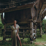 Off-White with Green Boho Dress, Bohemian Organically Dyed Dress - AYA Sacred Wear