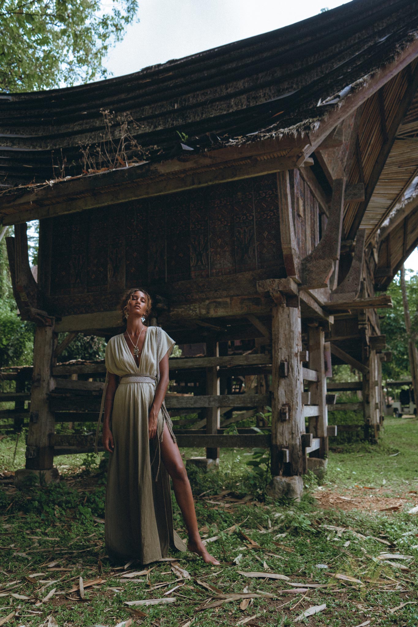 Off-White with Green Boho Dress, Bohemian Organically Dyed Dress - AYA Sacred Wear