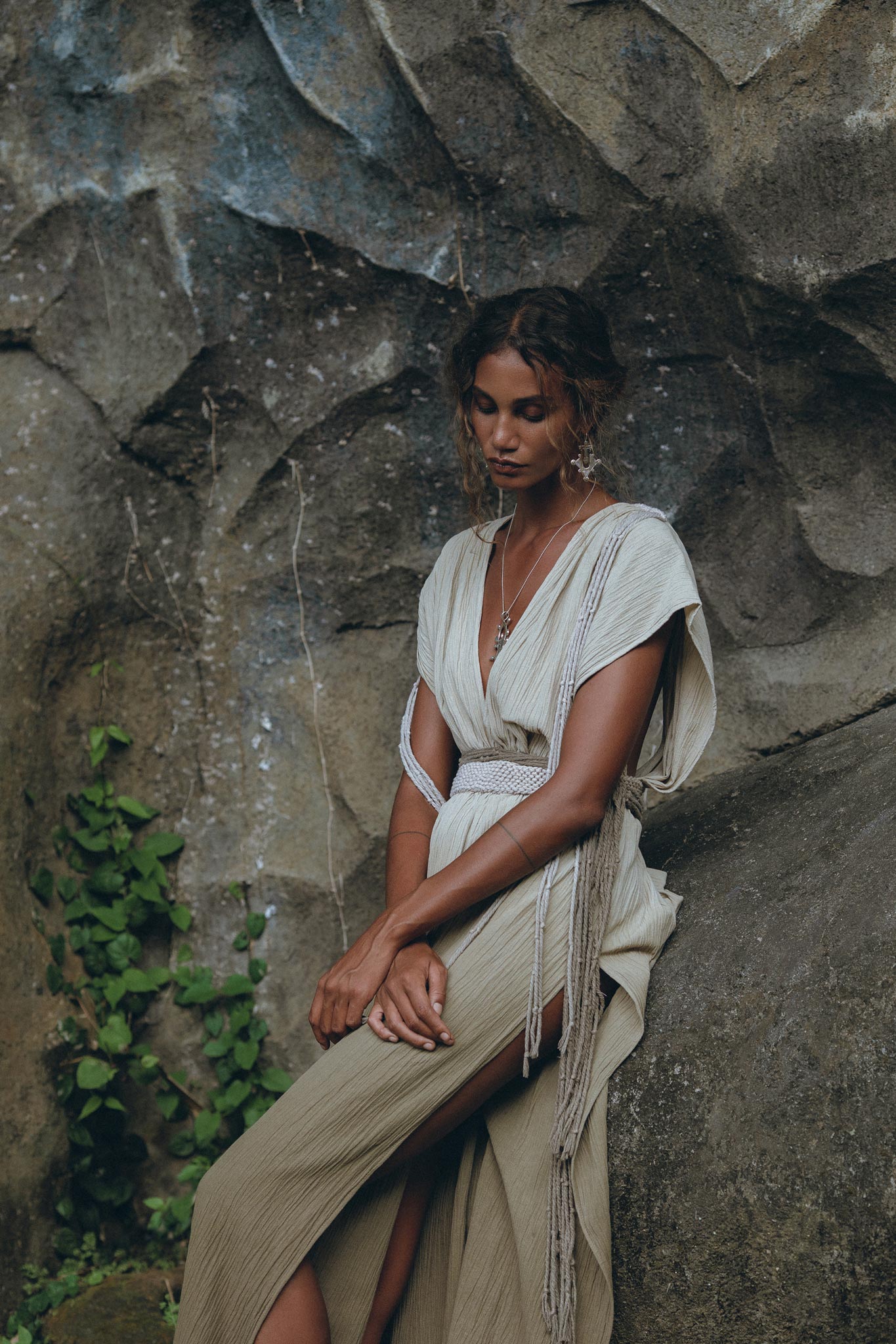 Off-White with Green Boho Dress, Bohemian Organically Dyed Dress - AYA Sacred Wear