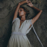 Off-White with Green Boho Dress, Bohemian Organically Dyed Dress - AYA Sacred Wear