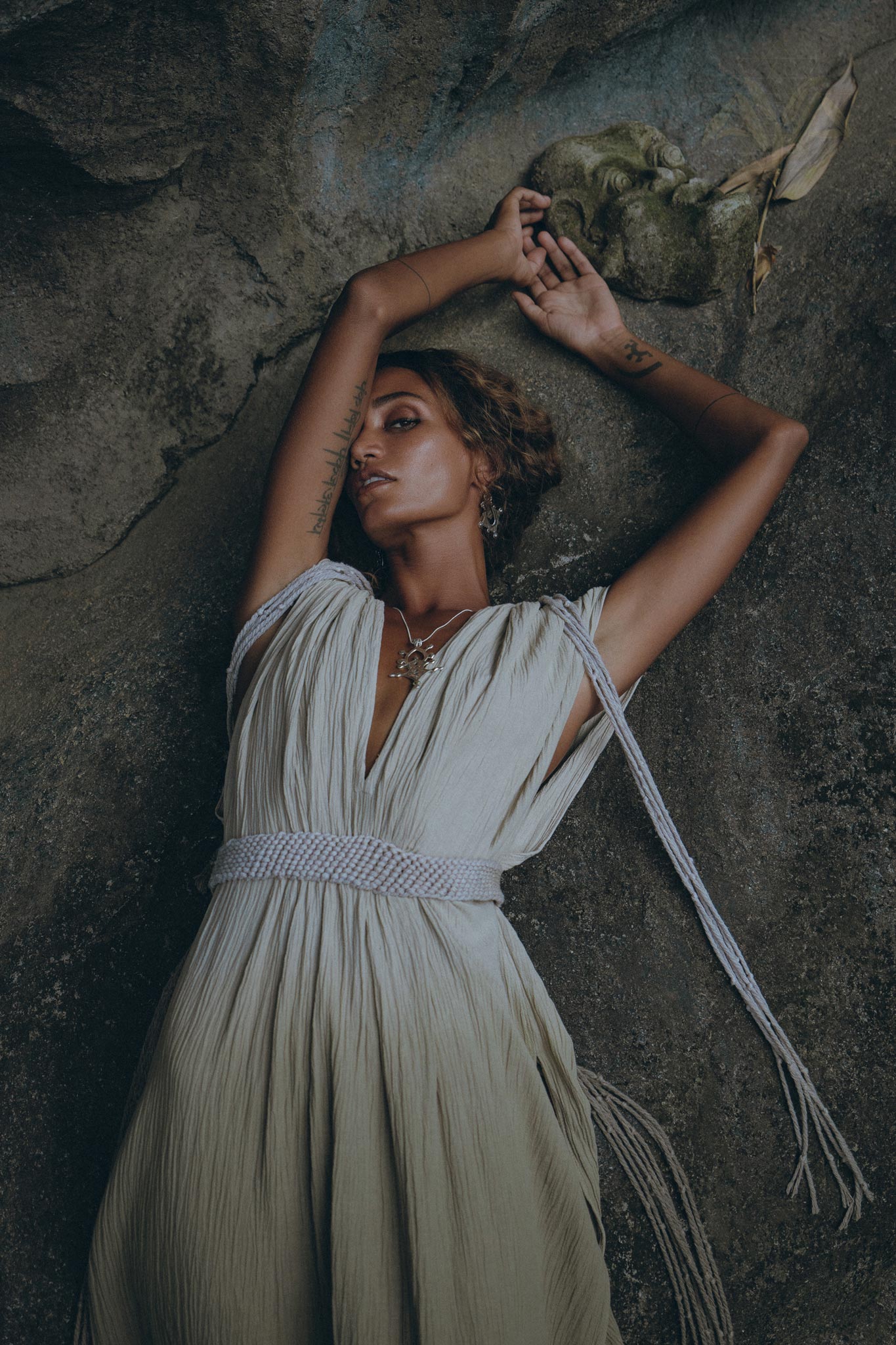 Off-White with Green Boho Dress, Bohemian Organically Dyed Dress - AYA Sacred Wear