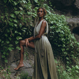 Off-White with Green Boho Dress, Bohemian Organically Dyed Dress - AYA Sacred Wear