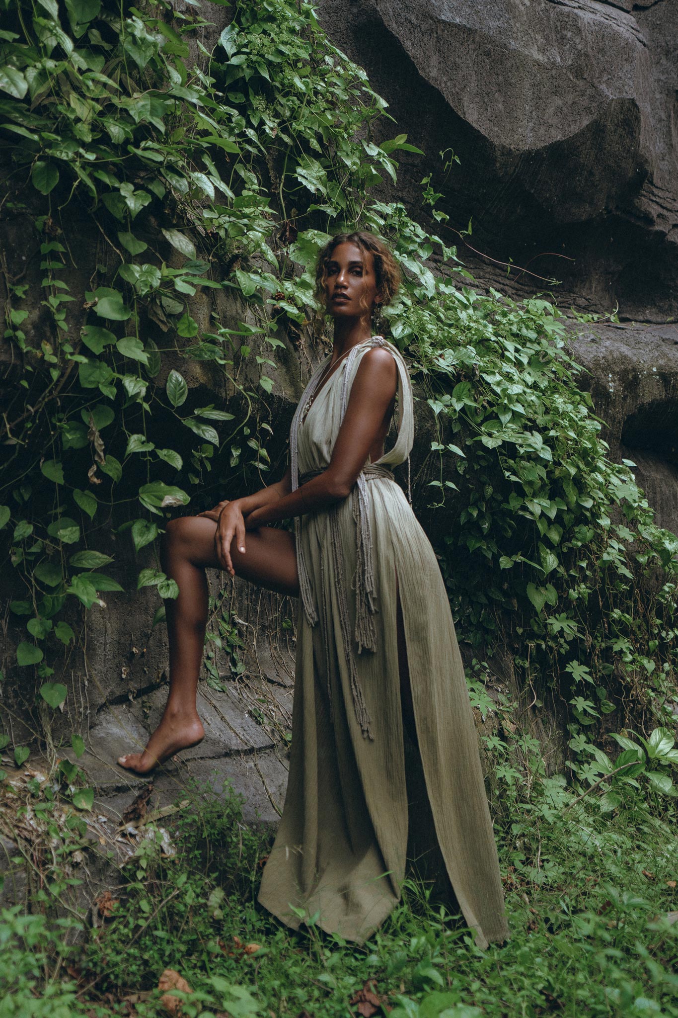 Off-White with Green Boho Dress, Bohemian Organically Dyed Dress - AYA Sacred Wear