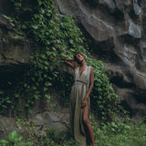 Off-White with Green Boho Dress, Bohemian Organically Dyed Dress - AYA Sacred Wear
