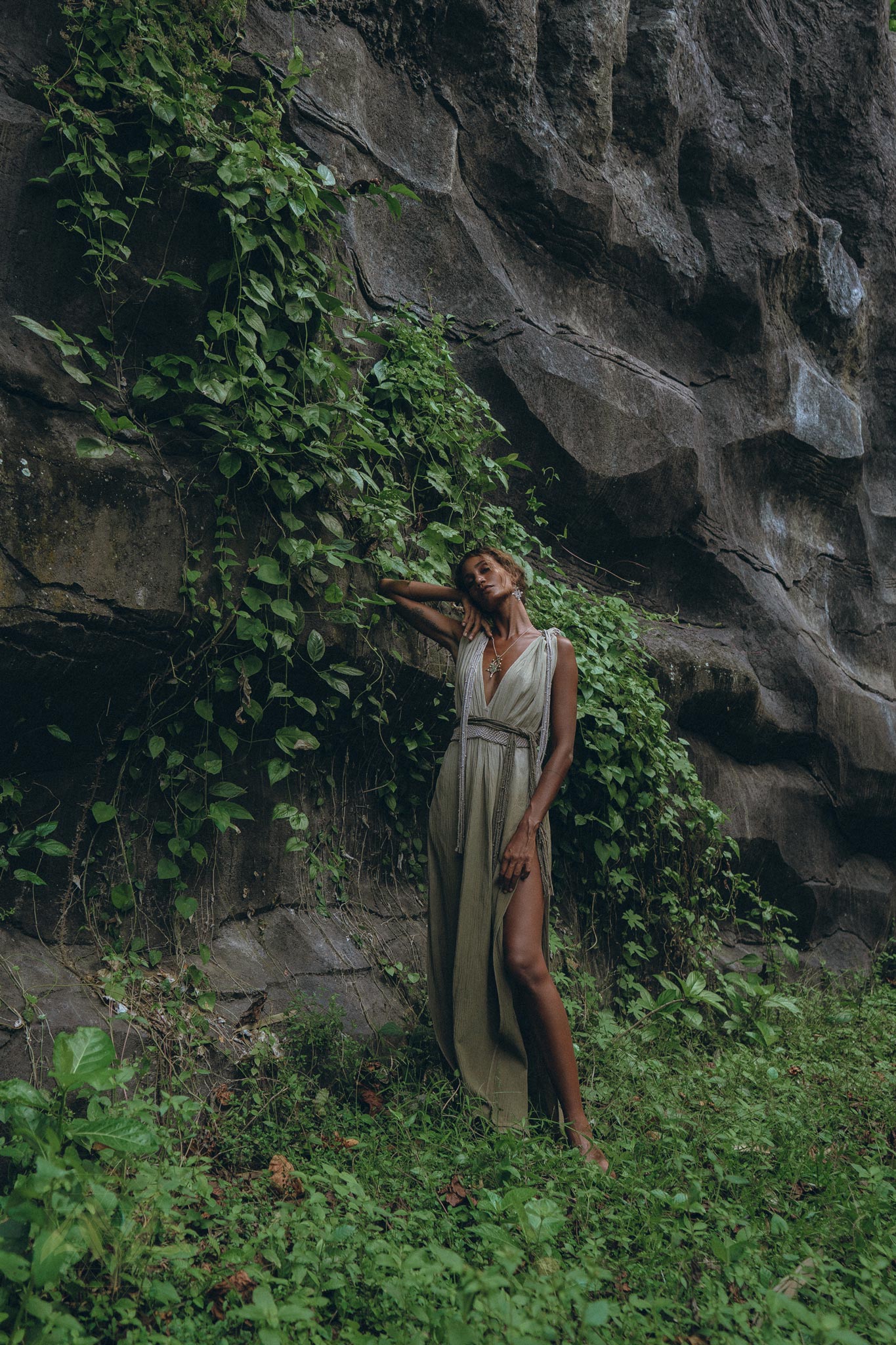 Off-White with Green Boho Dress, Bohemian Organically Dyed Dress - AYA Sacred Wear