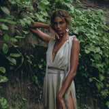 Off-White with Green Boho Dress, Bohemian Organically Dyed Dress - AYA Sacred Wear