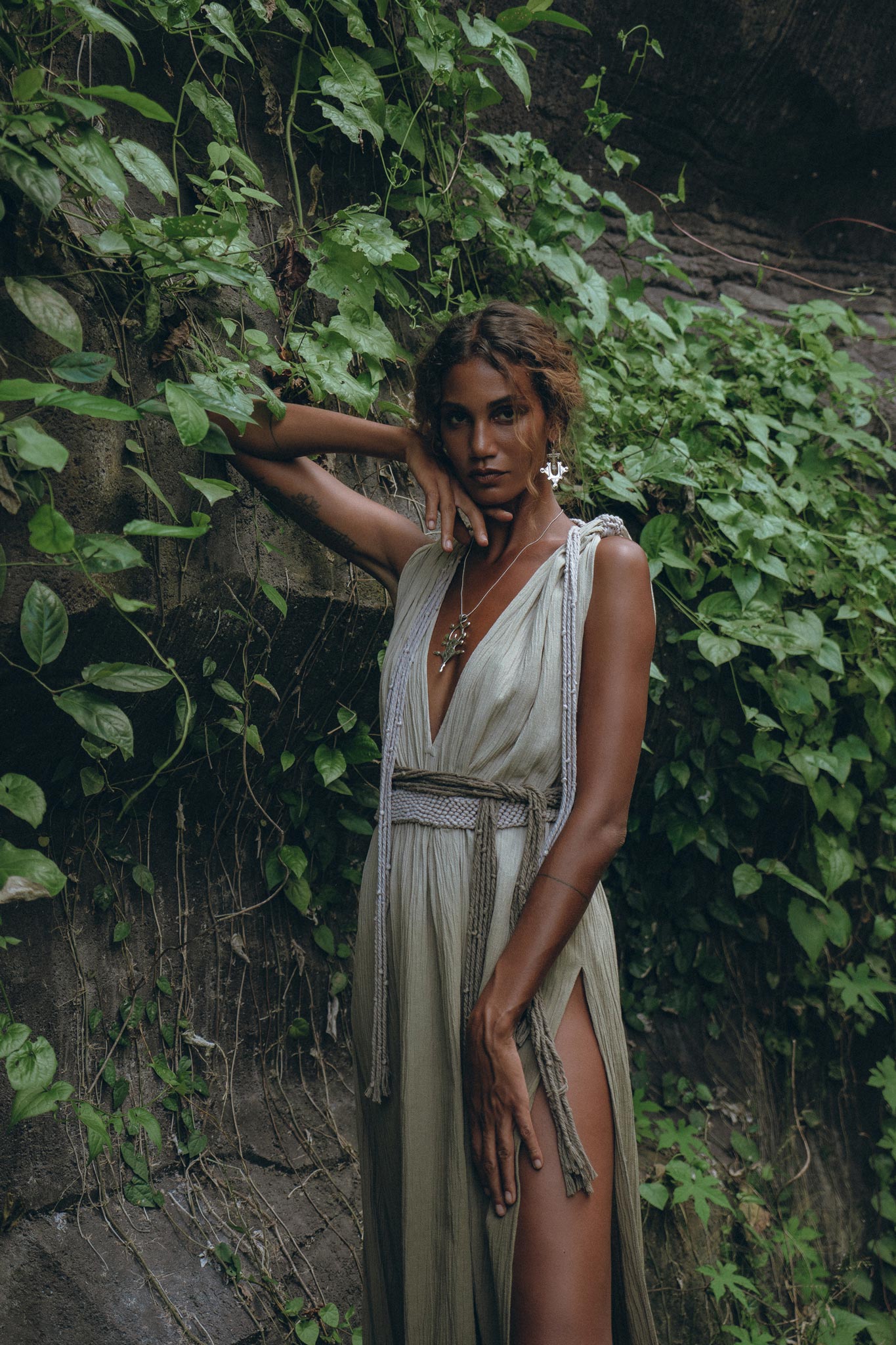 Off-White with Green Boho Dress, Bohemian Organically Dyed Dress - AYA Sacred Wear