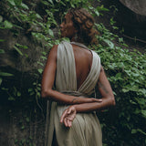 Off-White with Green Boho Dress, Bohemian Organically Dyed Dress - AYA Sacred Wear