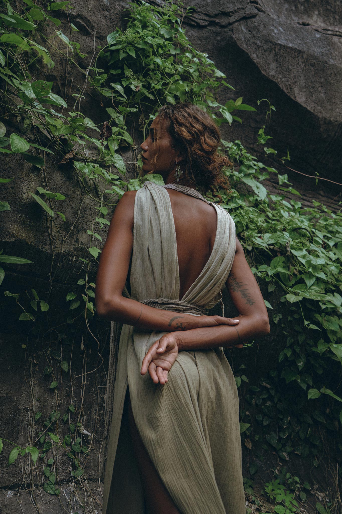 Off-White with Green Boho Dress, Bohemian Organically Dyed Dress - AYA Sacred Wear