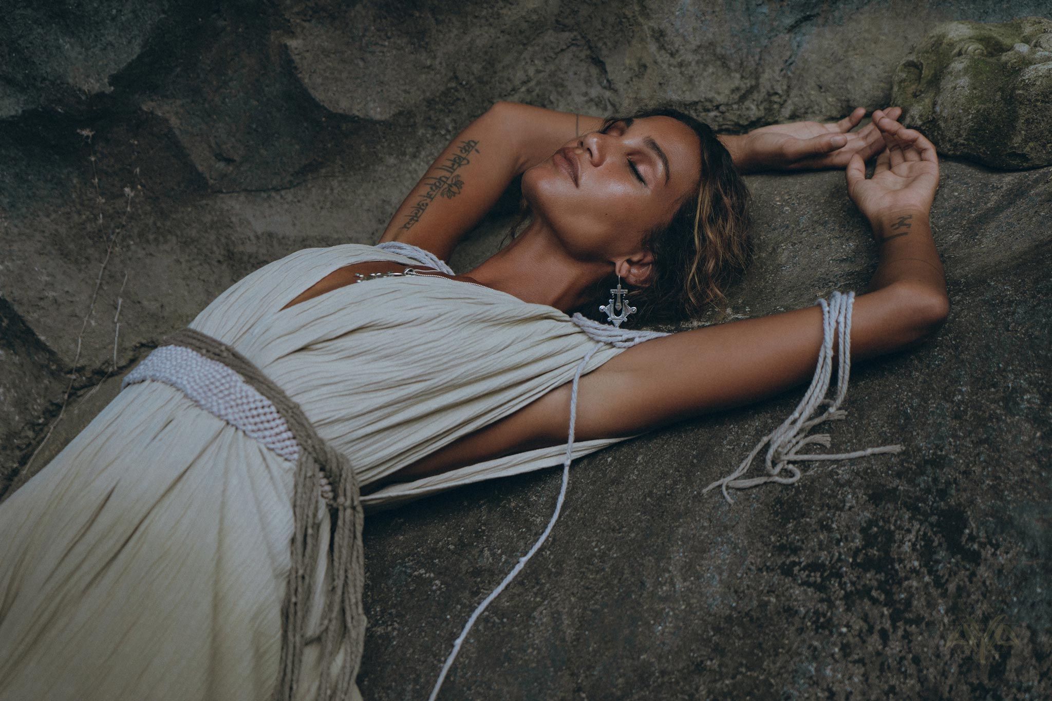 Off-White with Green Boho Dress, Bohemian Organically Dyed Dress - AYA Sacred Wear