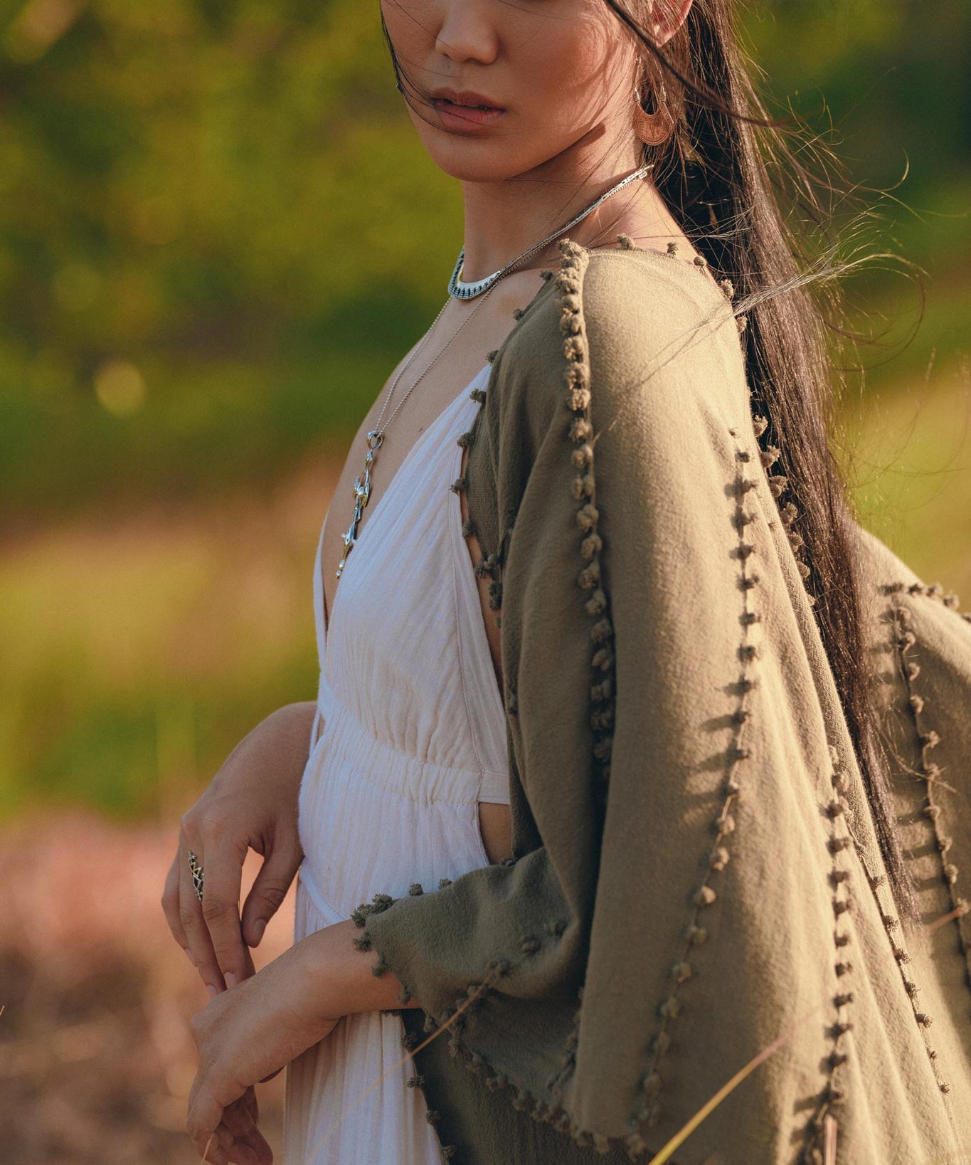 Olive Green Poncho Robe for Women • Boho Kimono Overcoat • Prom Cover Up - AYA Sacred Wear