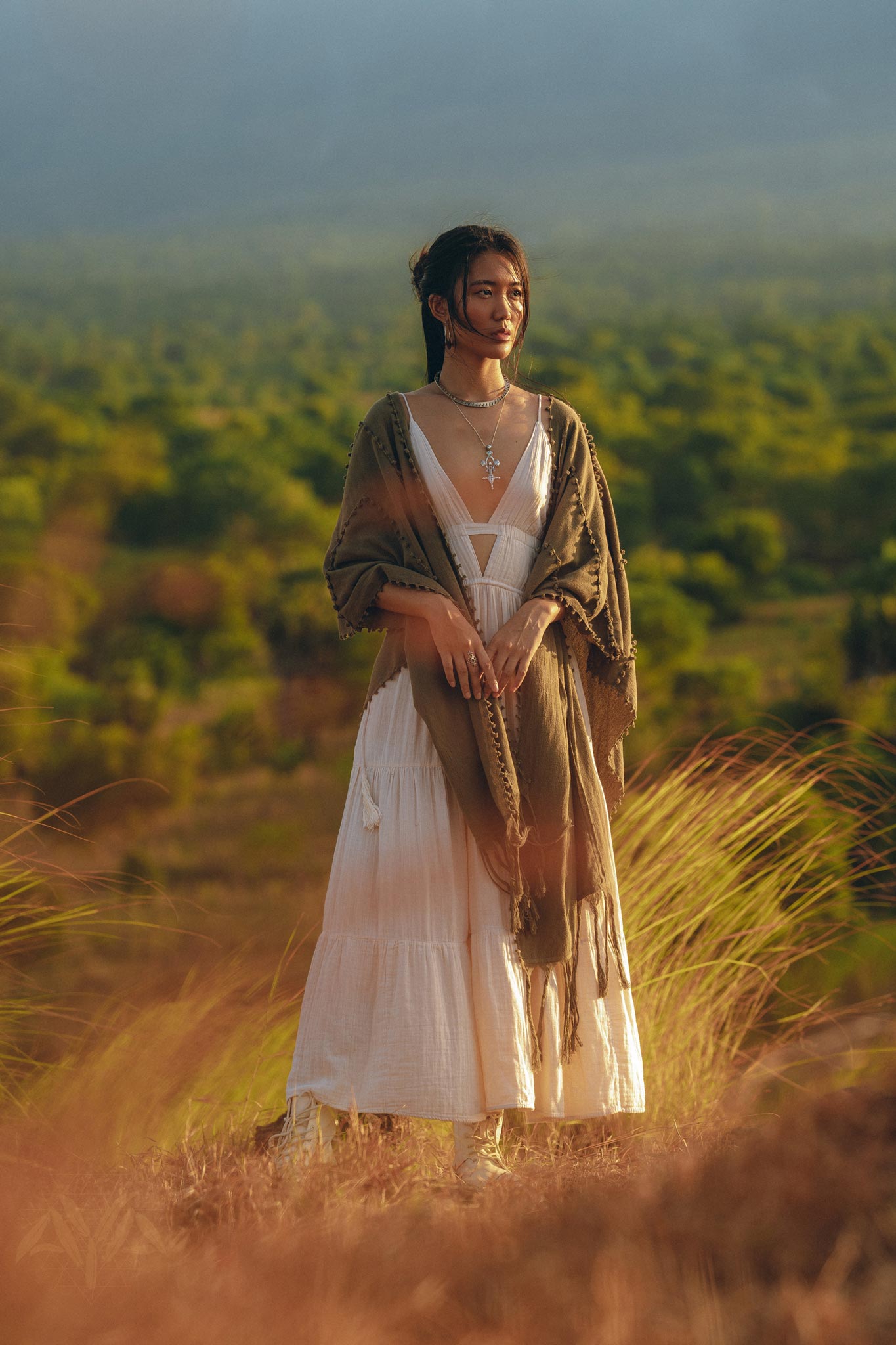 Olive Green Poncho Robe for Women • Boho Kimono Overcoat • Prom Cover Up - AYA Sacred Wear
