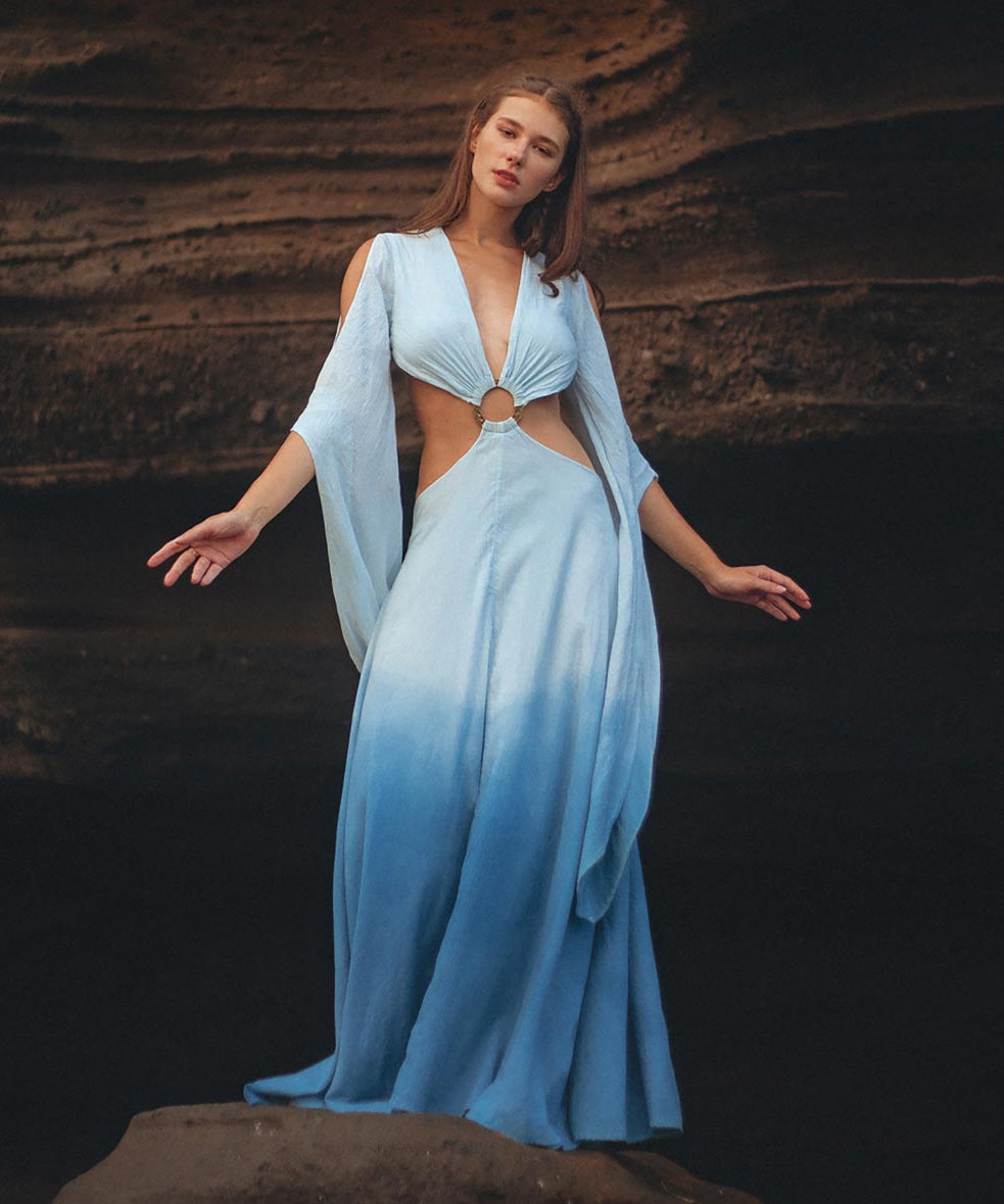 Ombré Sky Blue Organic Wedding Boho Dress for Women - AYA Sacred Wear