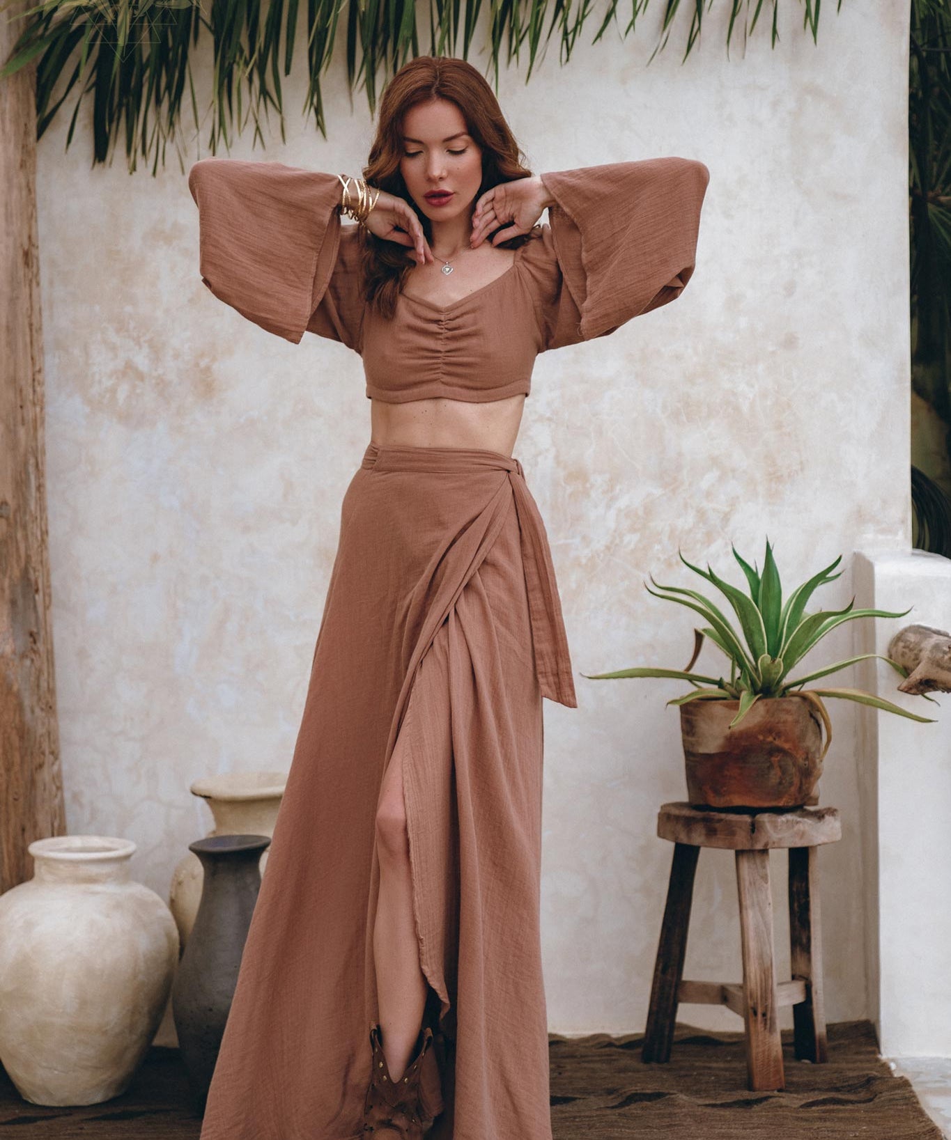 Open Belly Matching Top and Skirt • Latte Tank Top and Maxi Skirt - AYA Sacred Wear